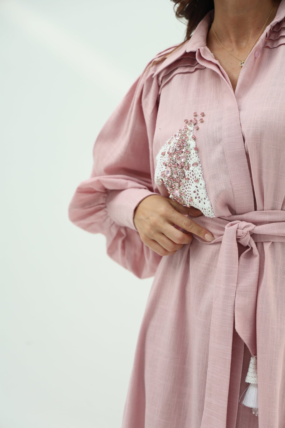 Linen pink dress – crystal design embroidered