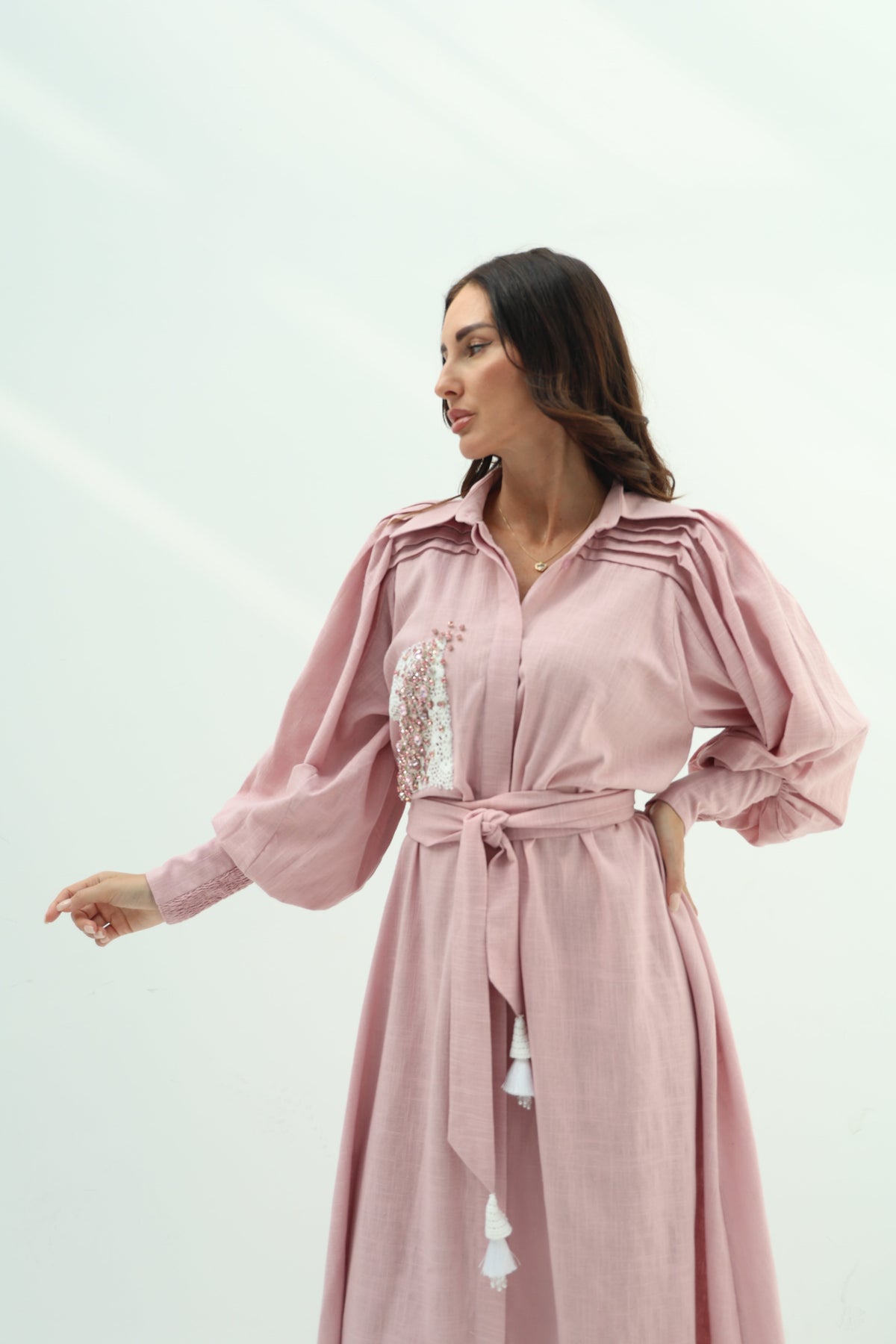 Linen pink dress – crystal design embroidered