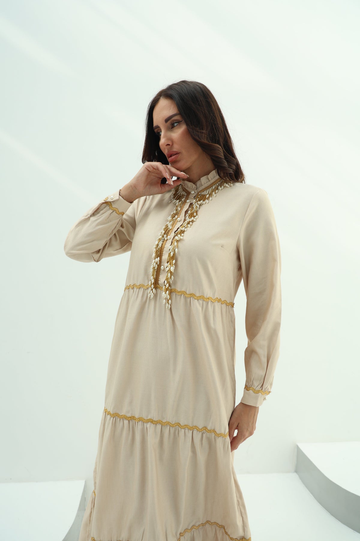 Biege embroidered linen dress design