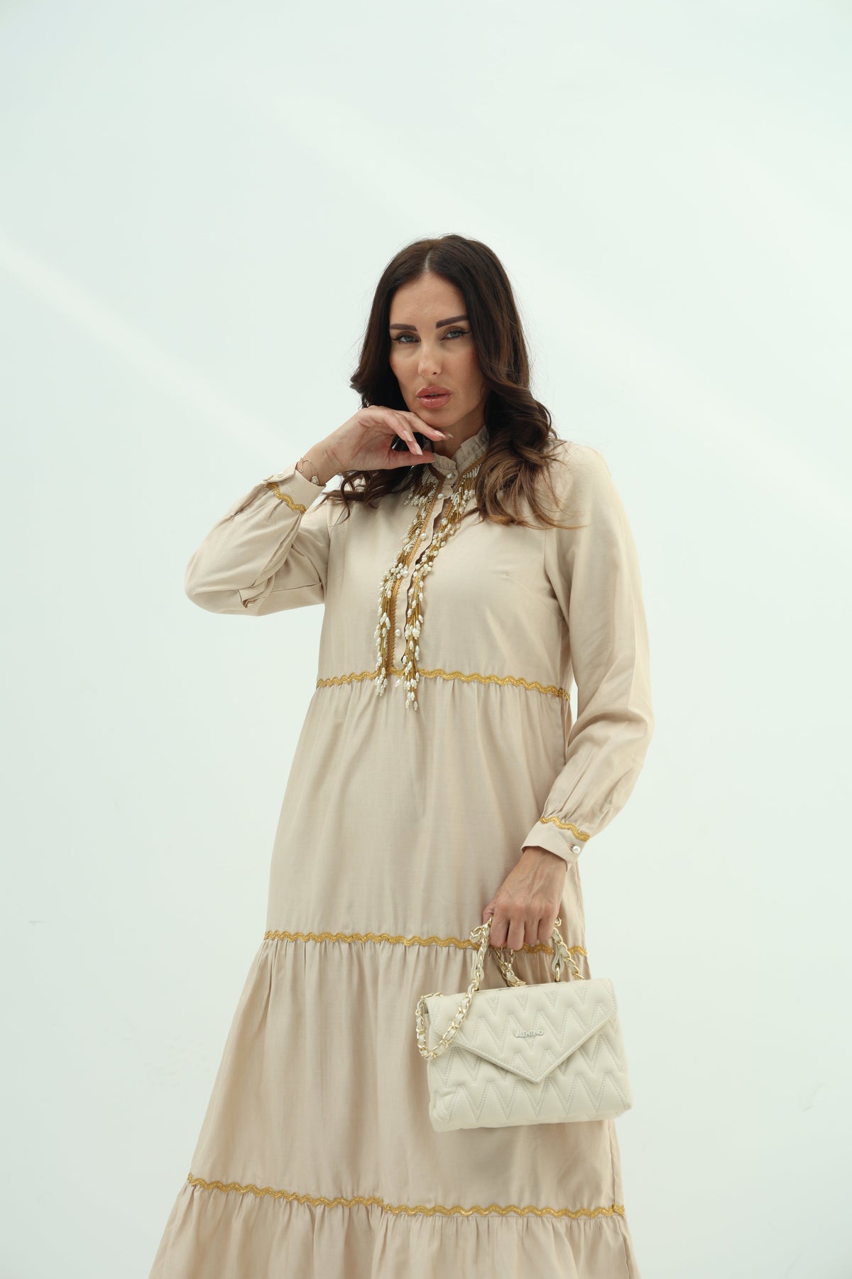 Biege embroidered linen dress design