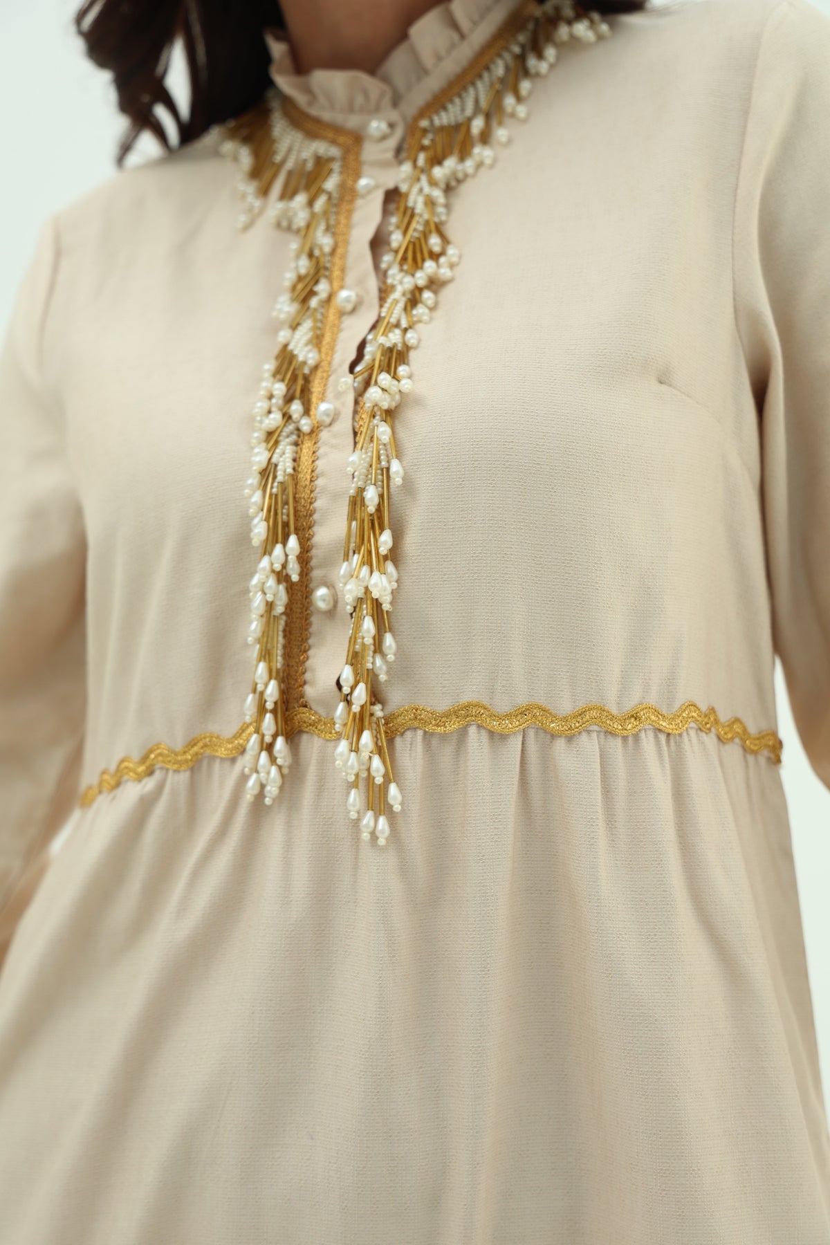 Biege embroidered linen dress design