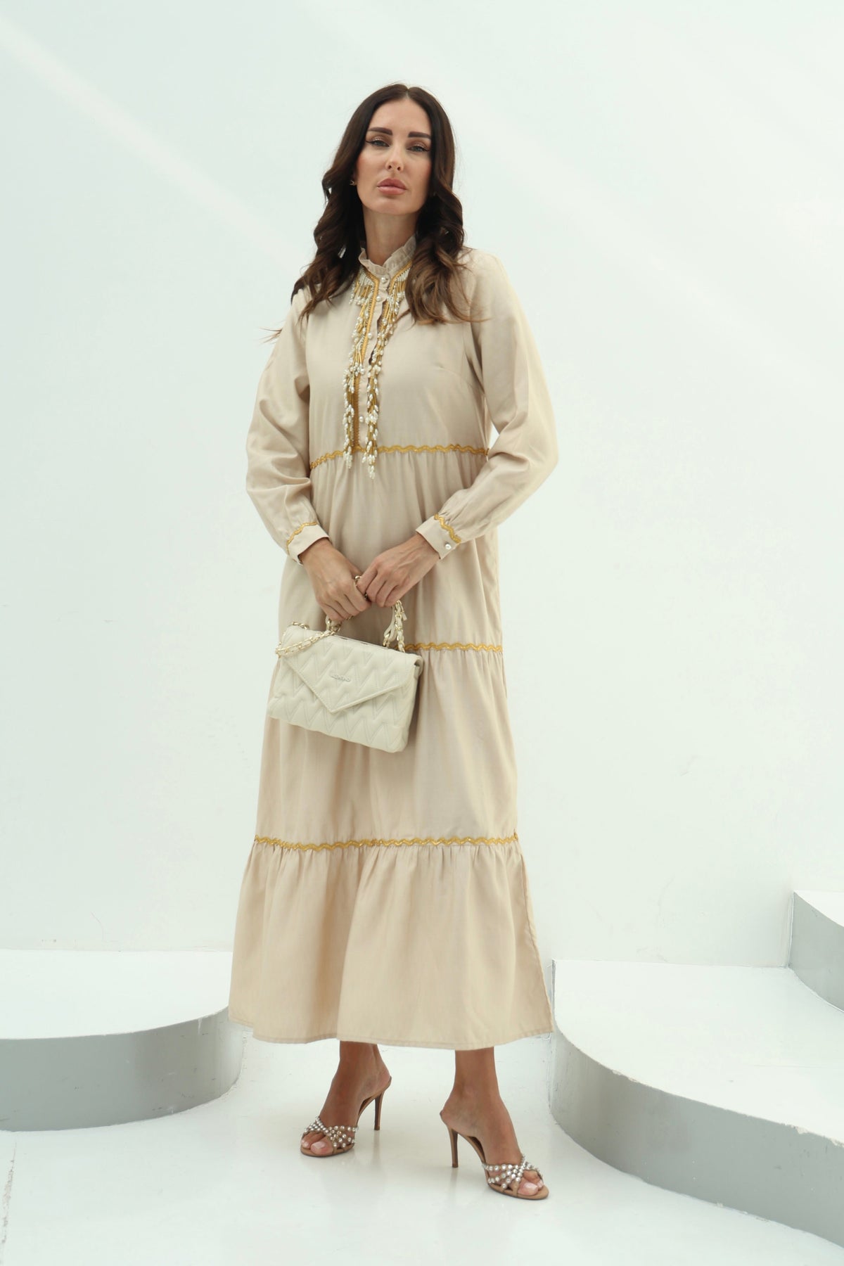 Biege embroidered linen dress design