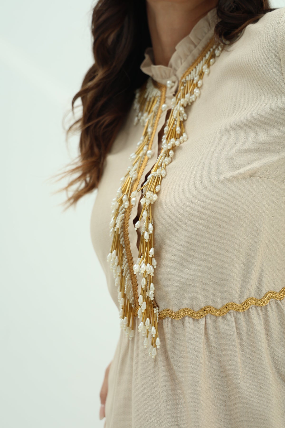 Biege embroidered linen dress design