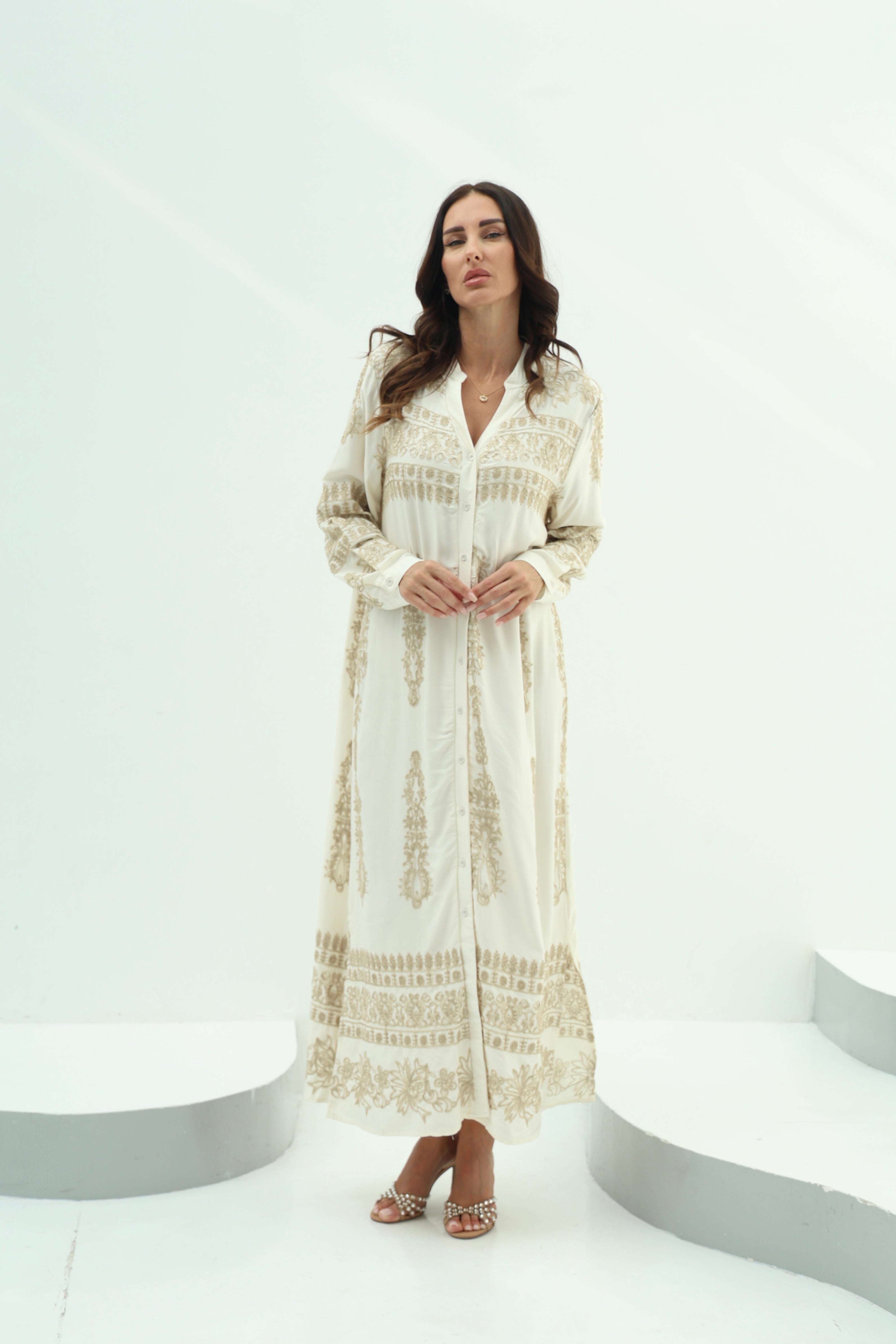 Cotton-Linen Off White Cotton Linen Embroidered Dress – Off White Desi featuring off white cotton linen a-line dress featurin