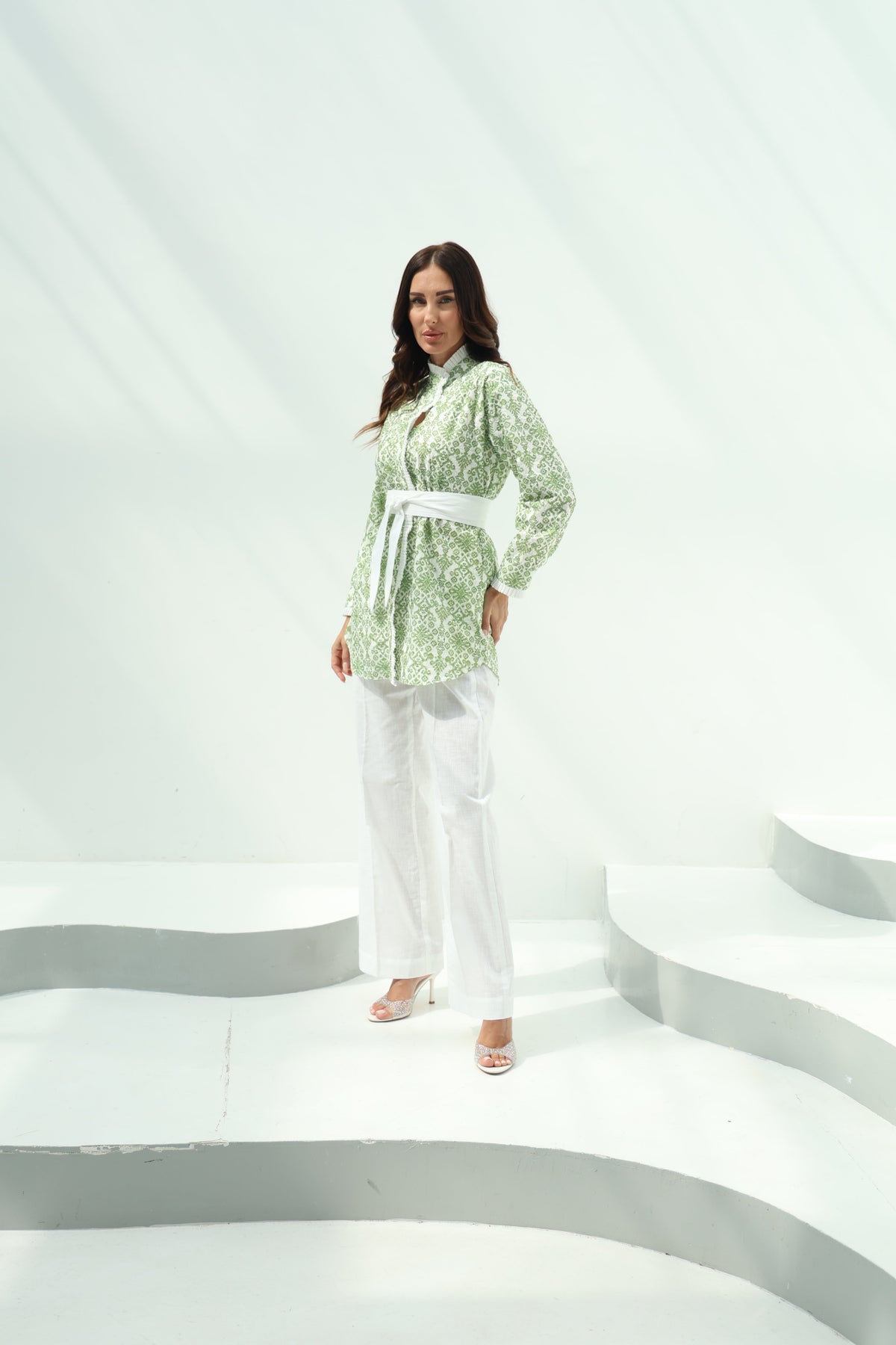 Cotton Light Green Cotton Sequence Embroidery Shirt-Pants Set – Light featuring light green-white cotton with sequence touch
