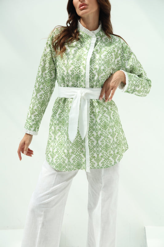 Green Belted Cotton Casual Wear