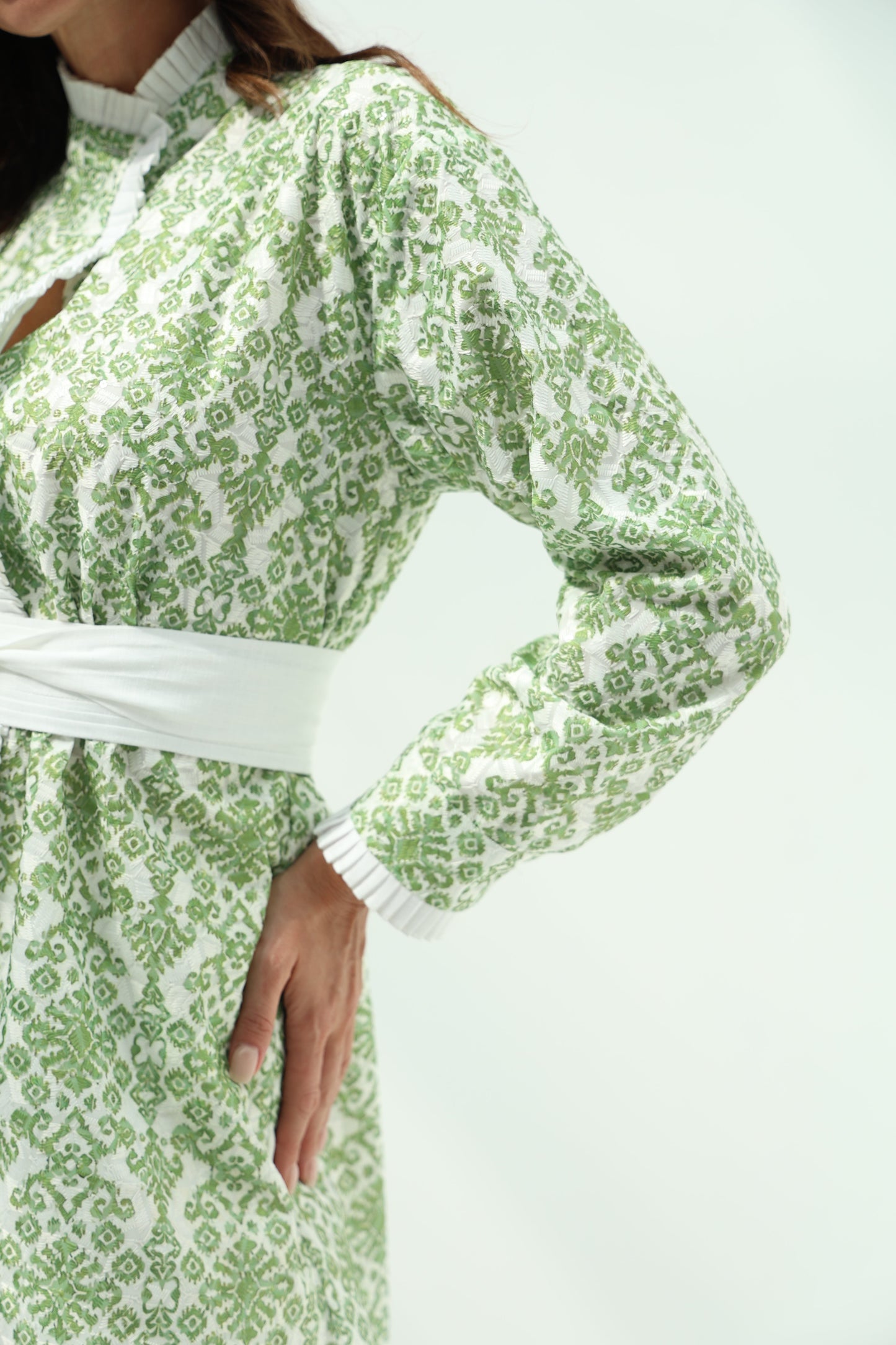 Green Belted Cotton Casual Wear