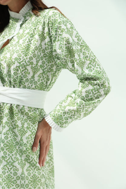 Green Belted Cotton Casual Wear