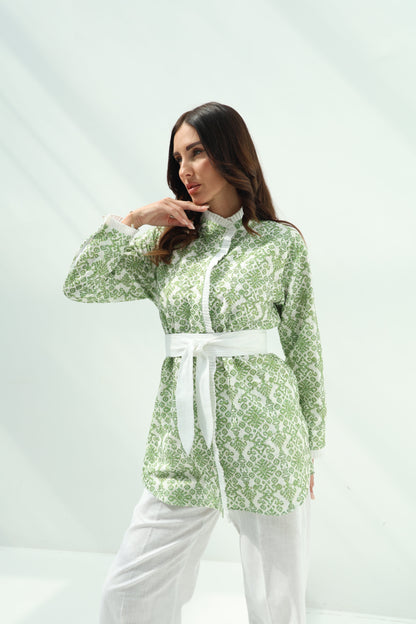 Green Belted Cotton Casual Wear