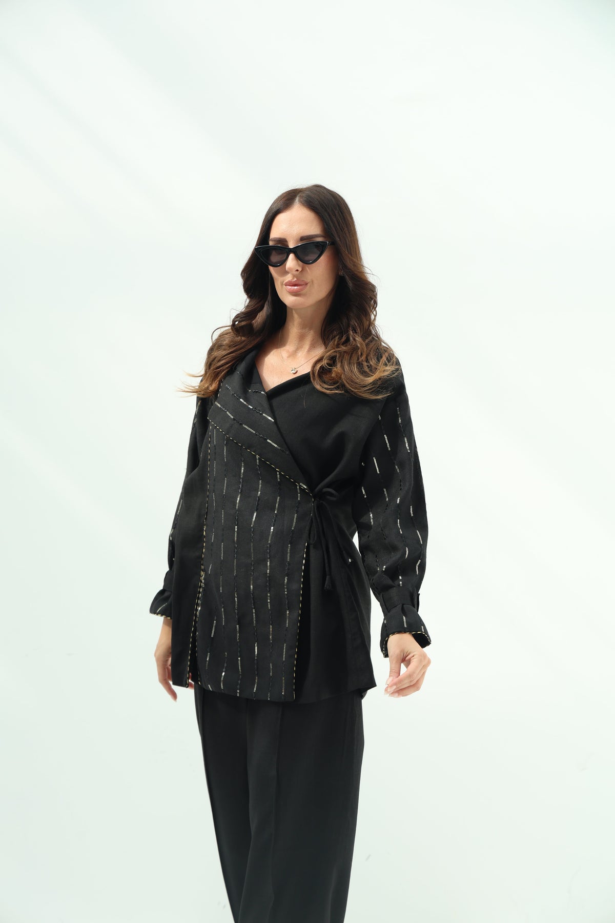 Linen black set – indian embroidered shirt design