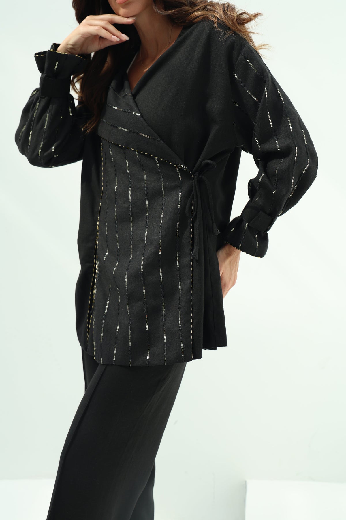 Linen black set – indian embroidered shirt design