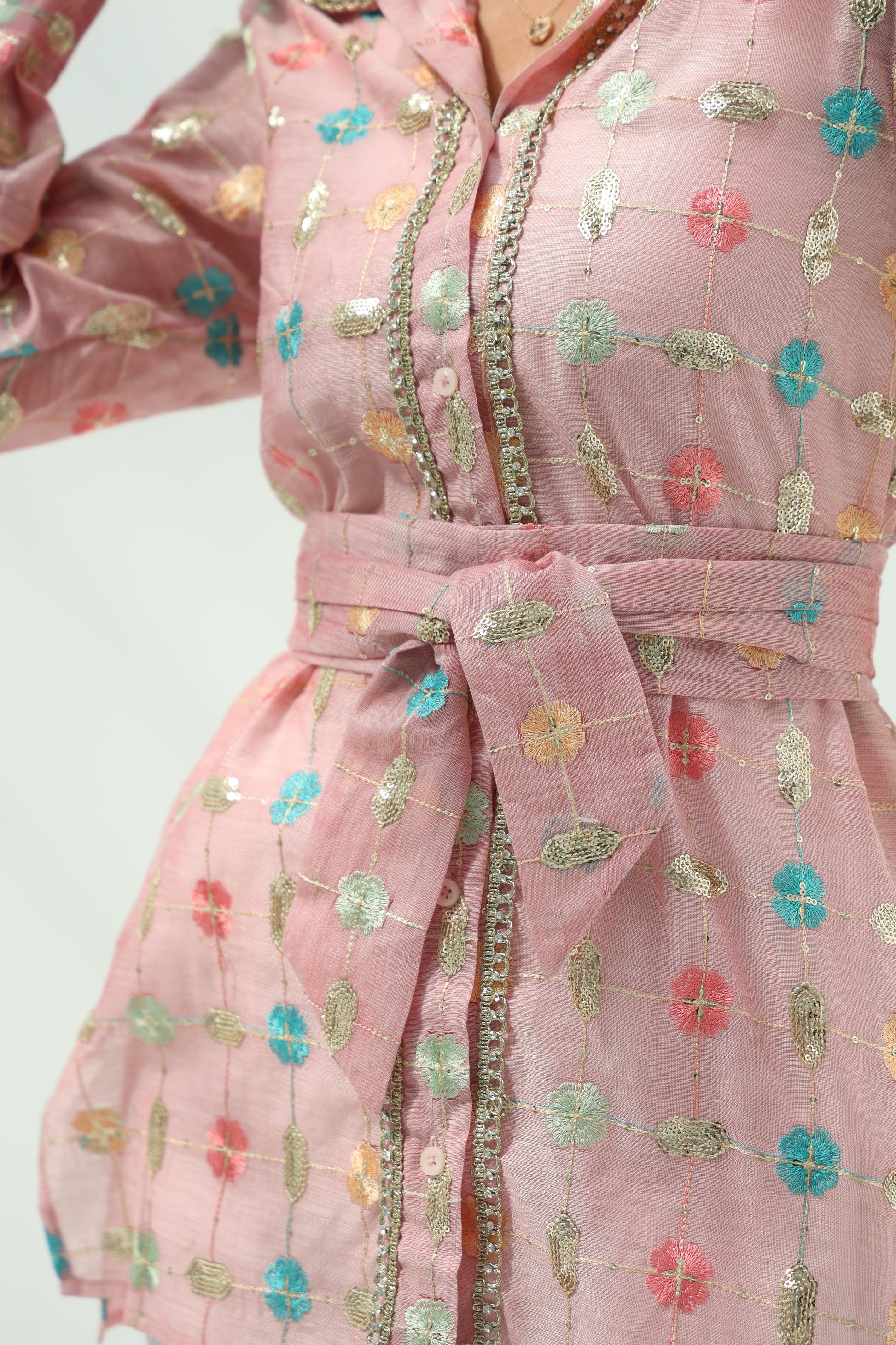 Organza Linen Pink Organza Linen Floral Embroidery – Pink Design featuring pink organza linen shirt with pants set,featuring 