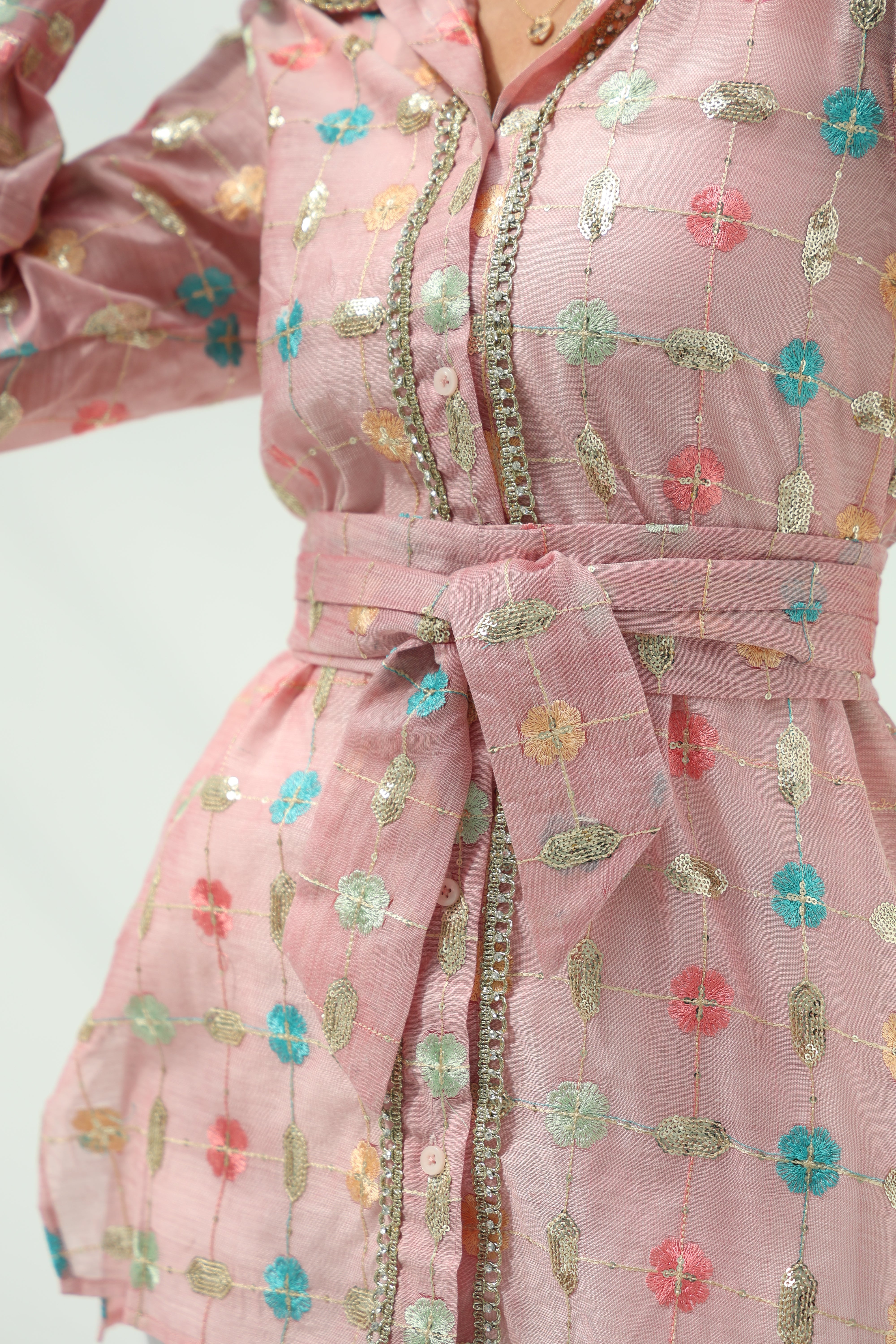 Organza Linen Pink Organza Linen Floral Embroidery – Pink Design featuring pink organza linen shirt with pants set,featuring 