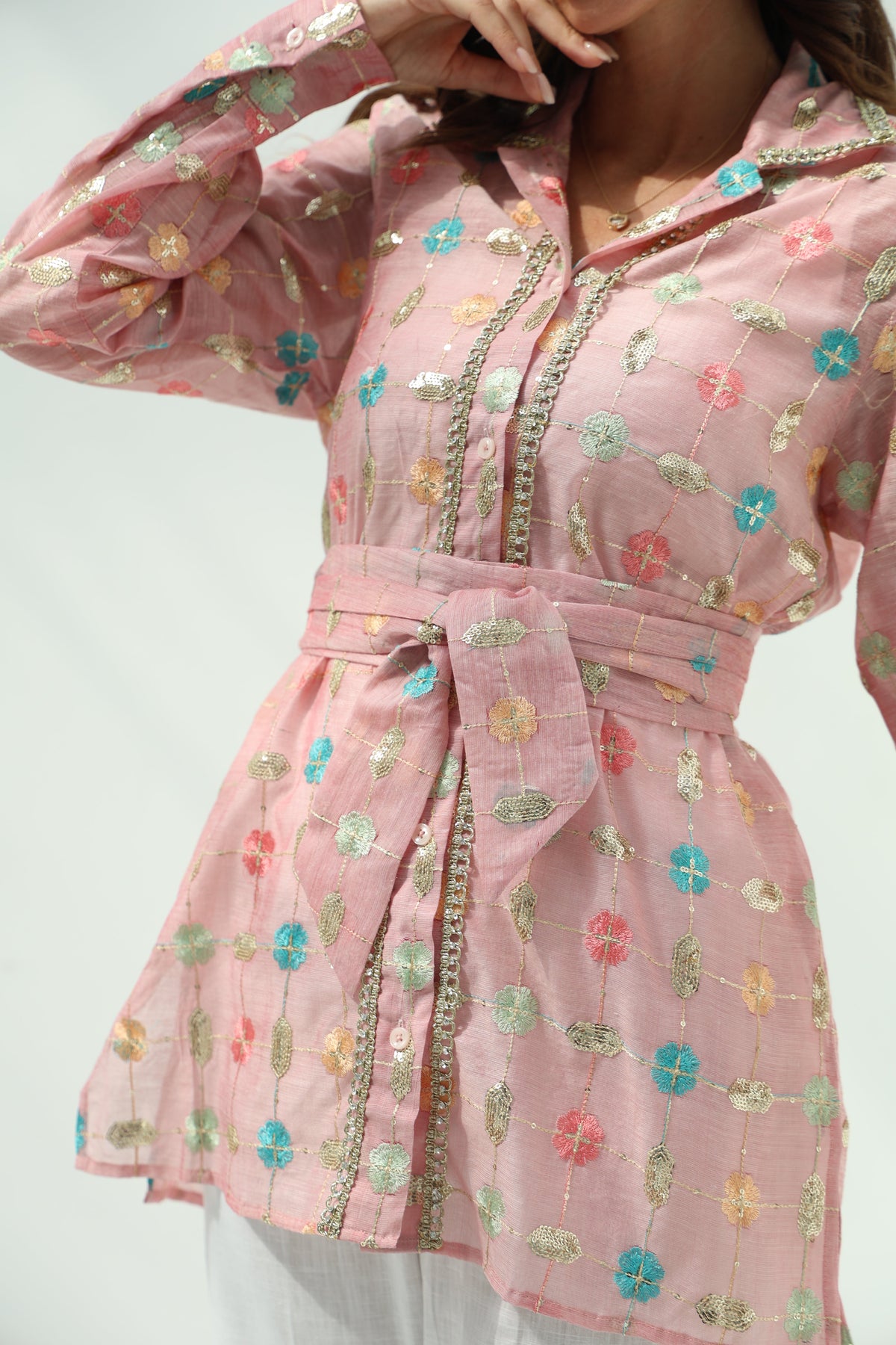 Linen pink floral embroidered shirt set