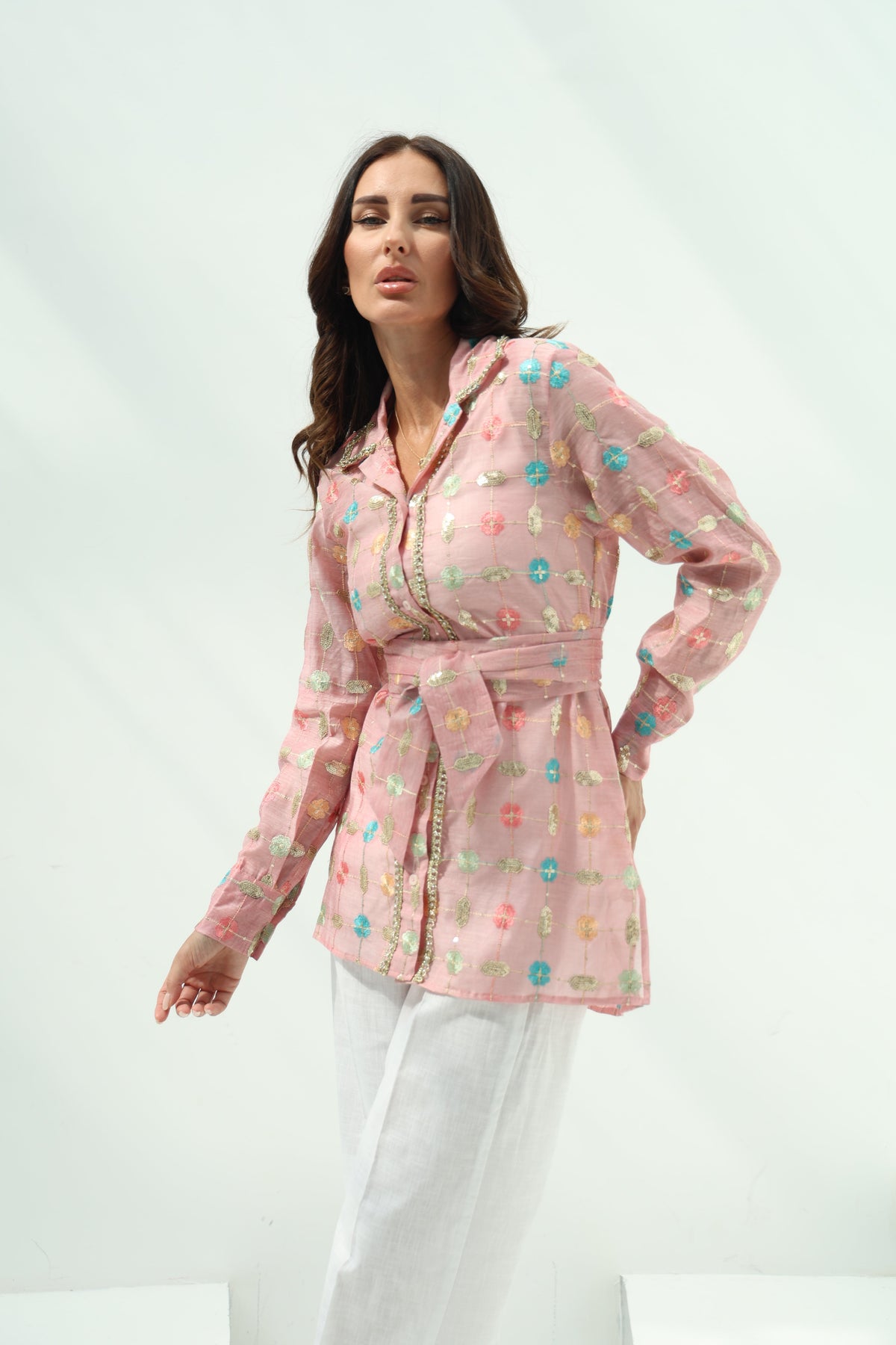 Linen pink floral embroidered shirt set