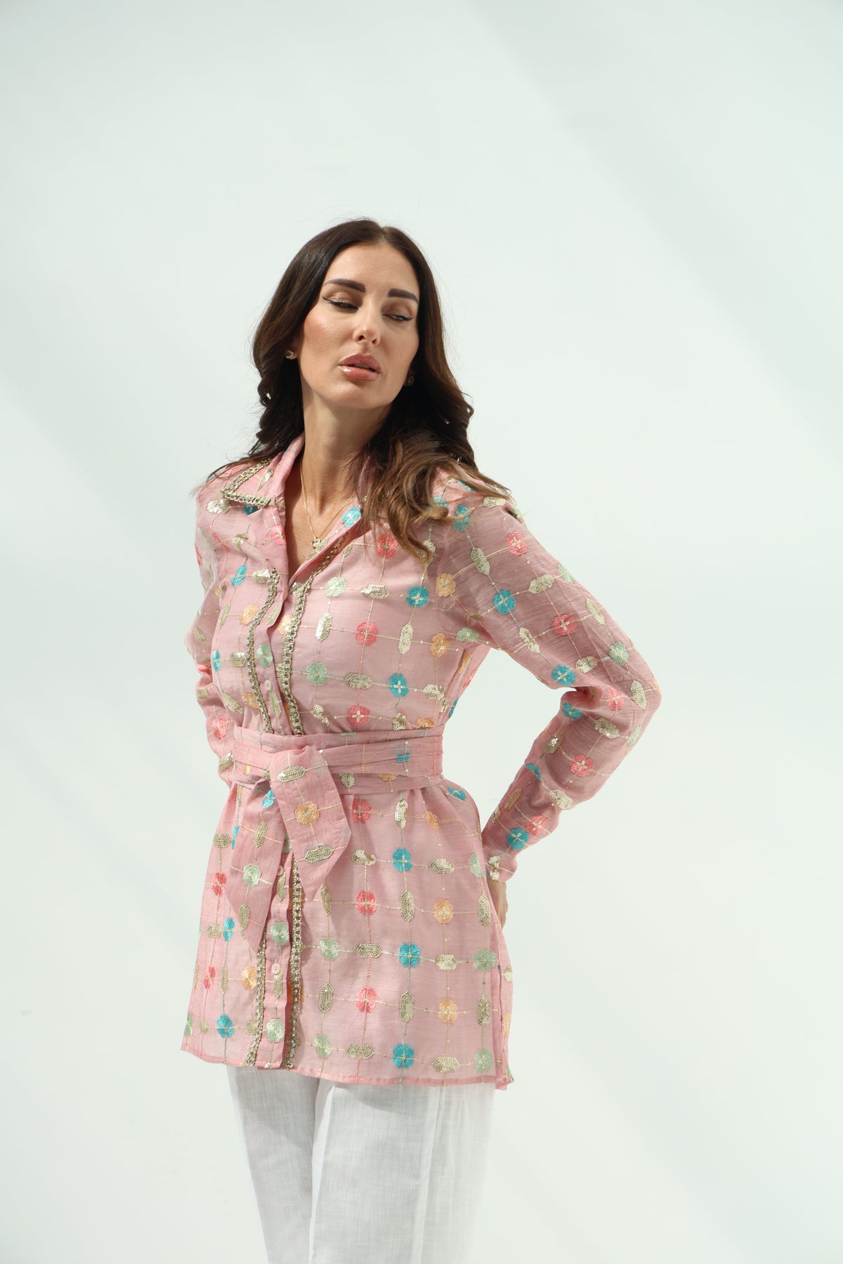 Linen pink floral embroidered shirt set