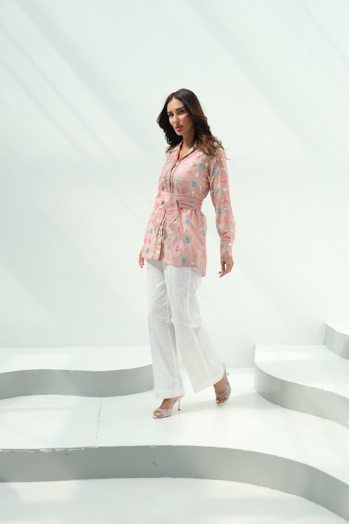 Linen pink floral embroidered shirt set