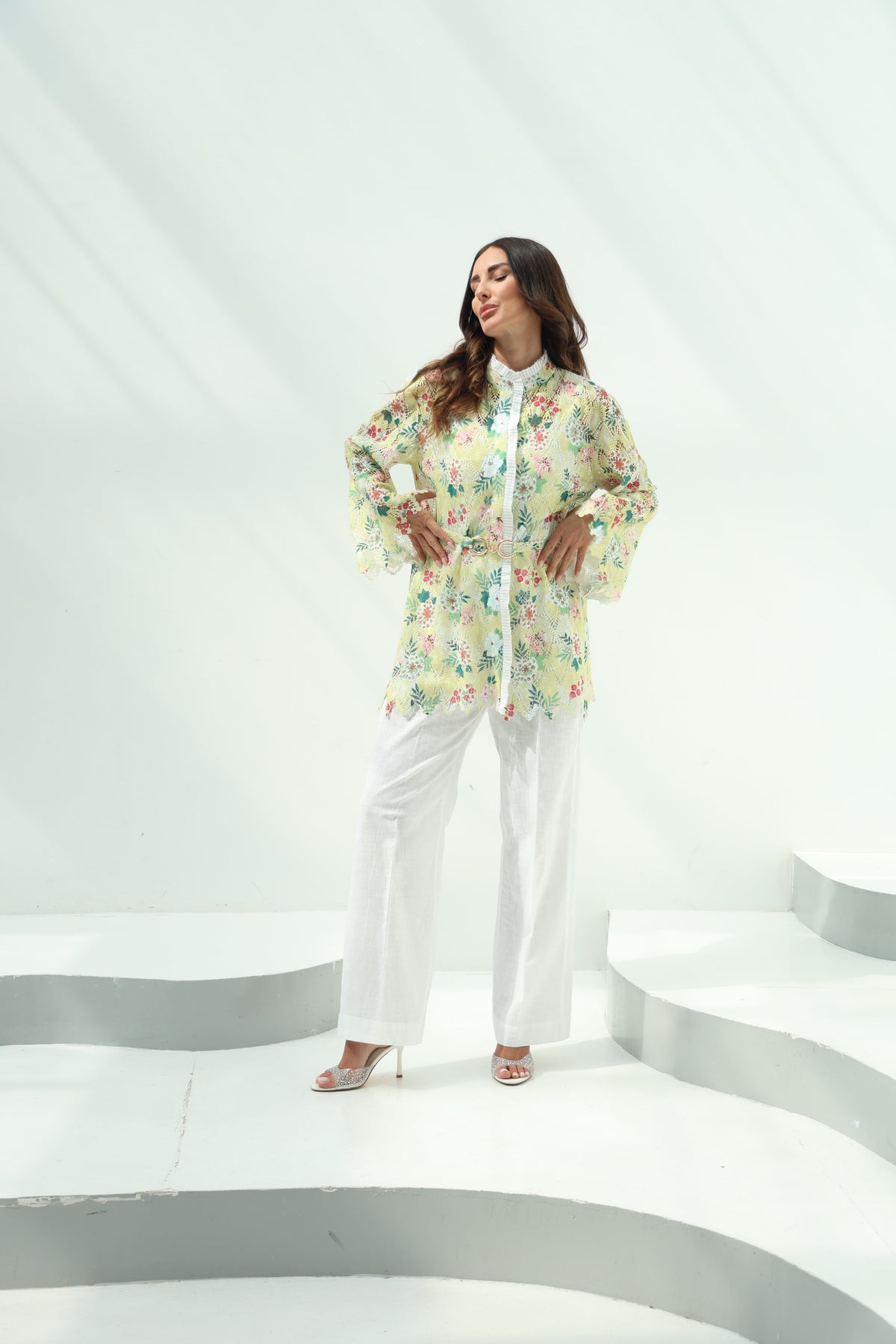 Cotton knit floral shirt set – yellow, white linenpants