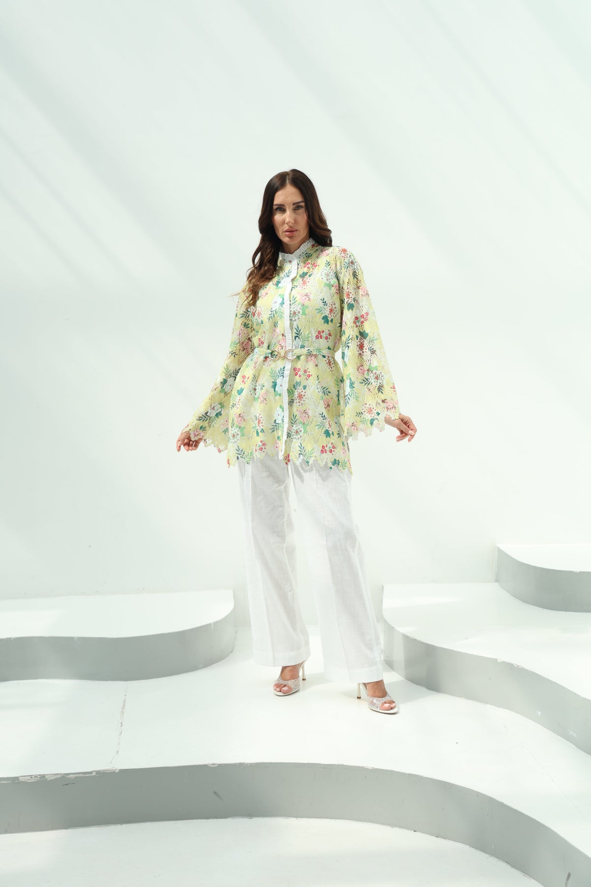 Cotton knit floral shirt set – yellow, white linenpants