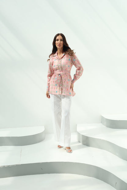Cotton-Knit Yellow Floral Cotton-Knit Shirt -Pants Set – Yellow,White featuring yellow floral cotton knit shirt with pants se