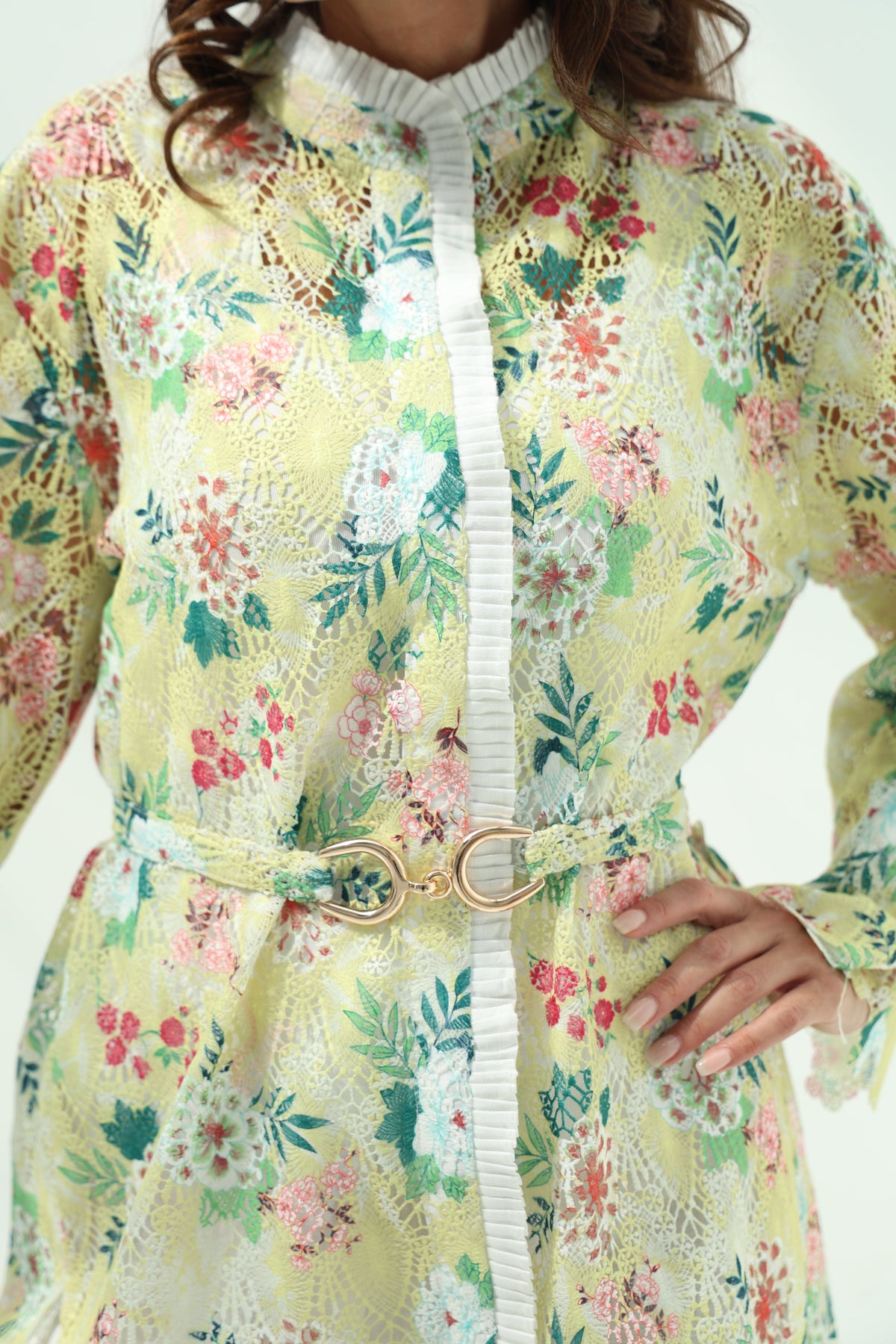 Cotton knit floral shirt set – yellow, white linenpants