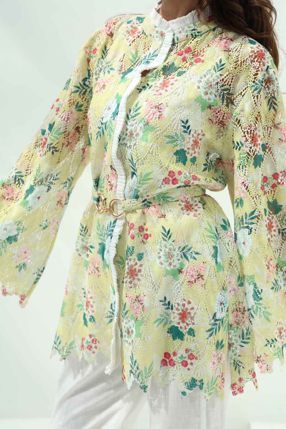 Cotton knit floral shirt set – yellow, white linenpants