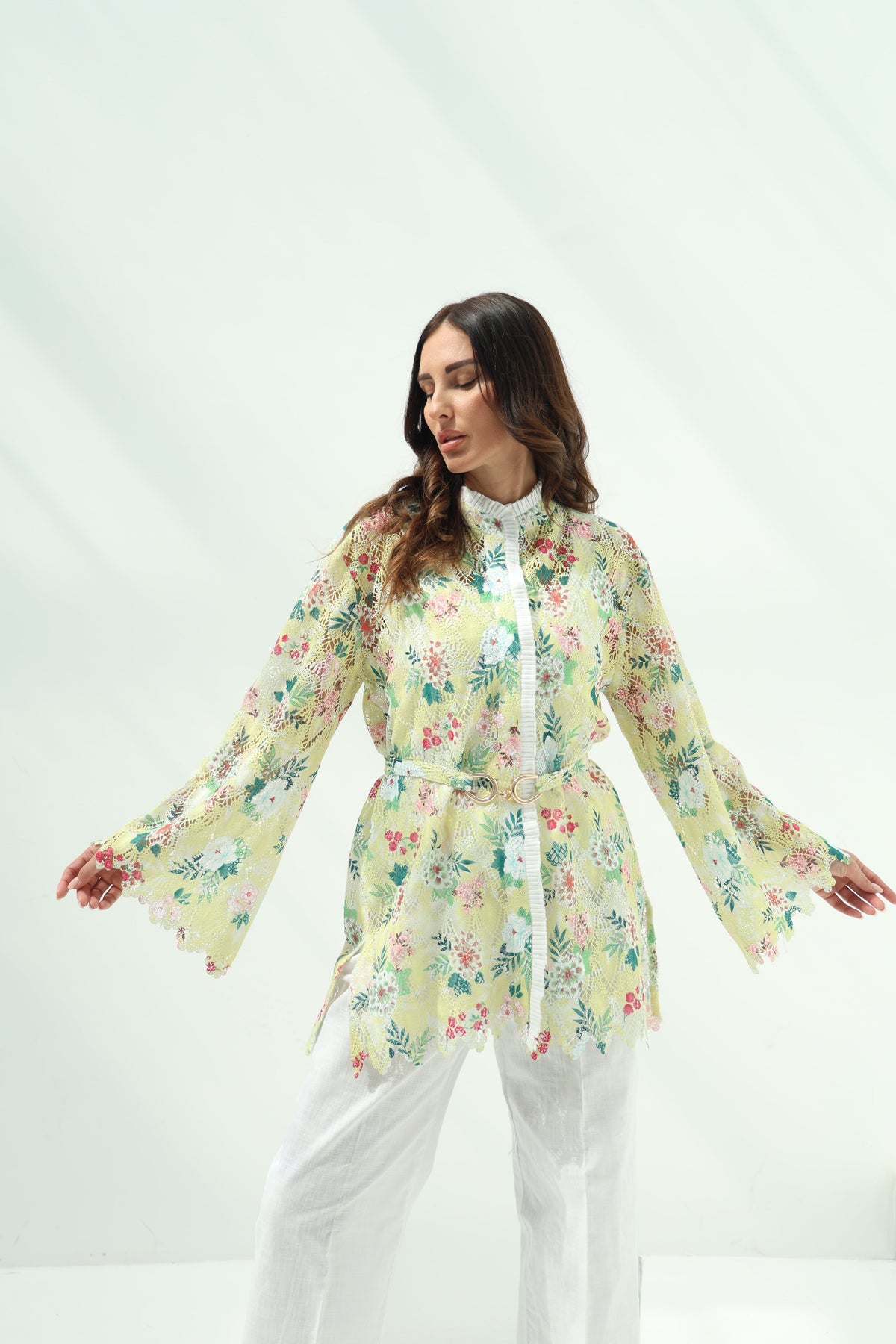 Cotton knit floral shirt set – yellow, white linenpants