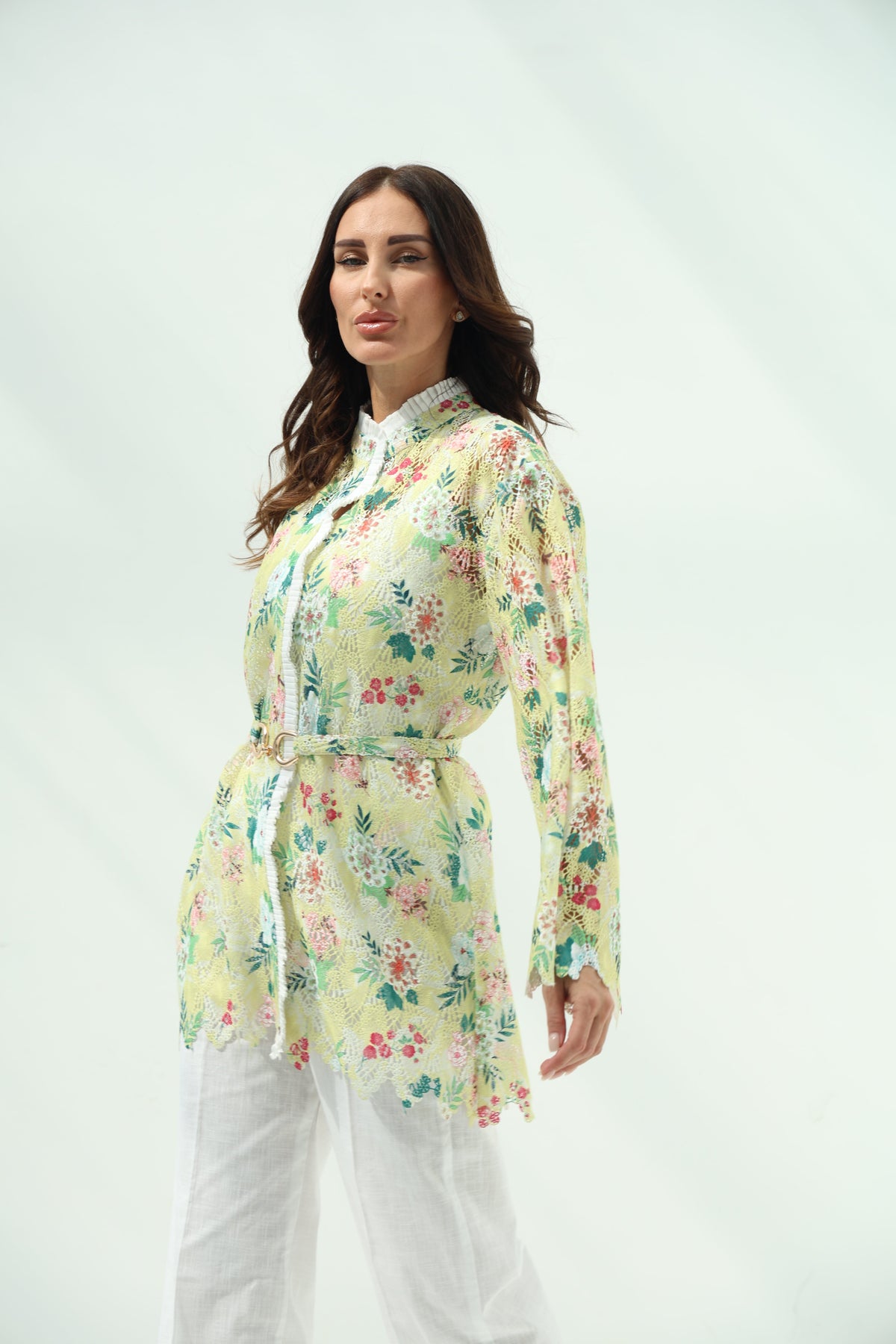 Cotton knit floral shirt set – yellow, white linenpants