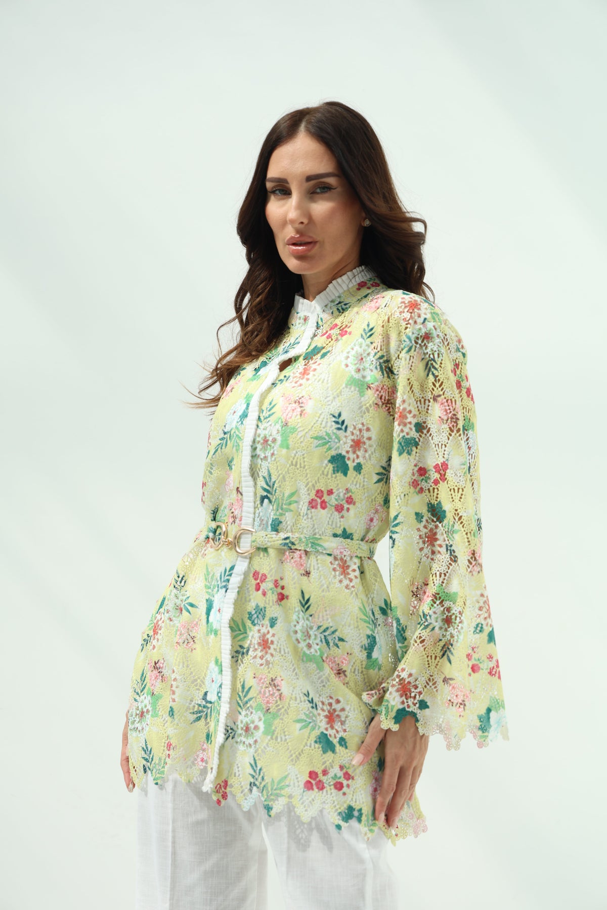 Cotton knit floral shirt set – yellow, white linenpants