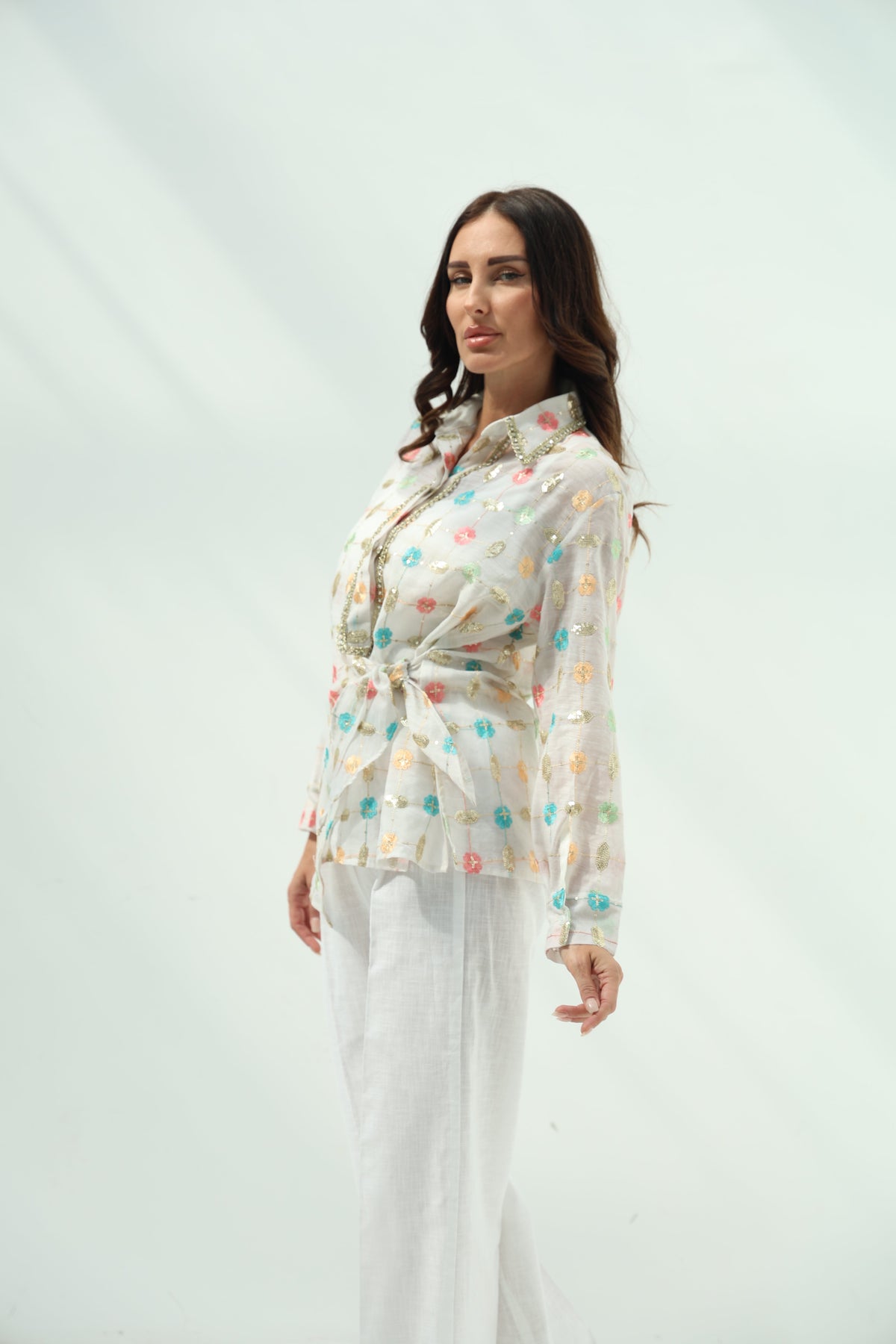 Off-White Organza Pants Set with Linen Shirt