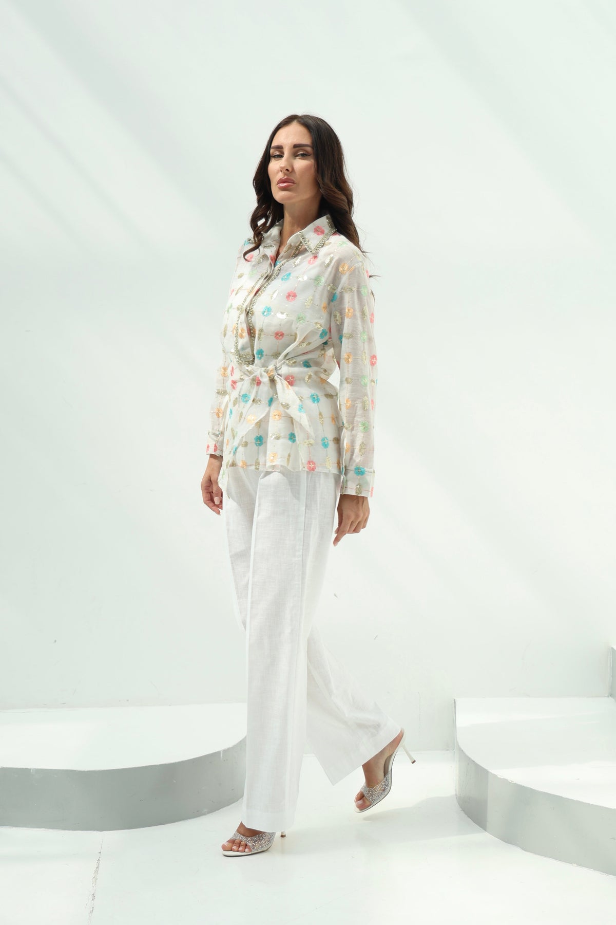 Off-White Organza Pants Set with Linen Shirt