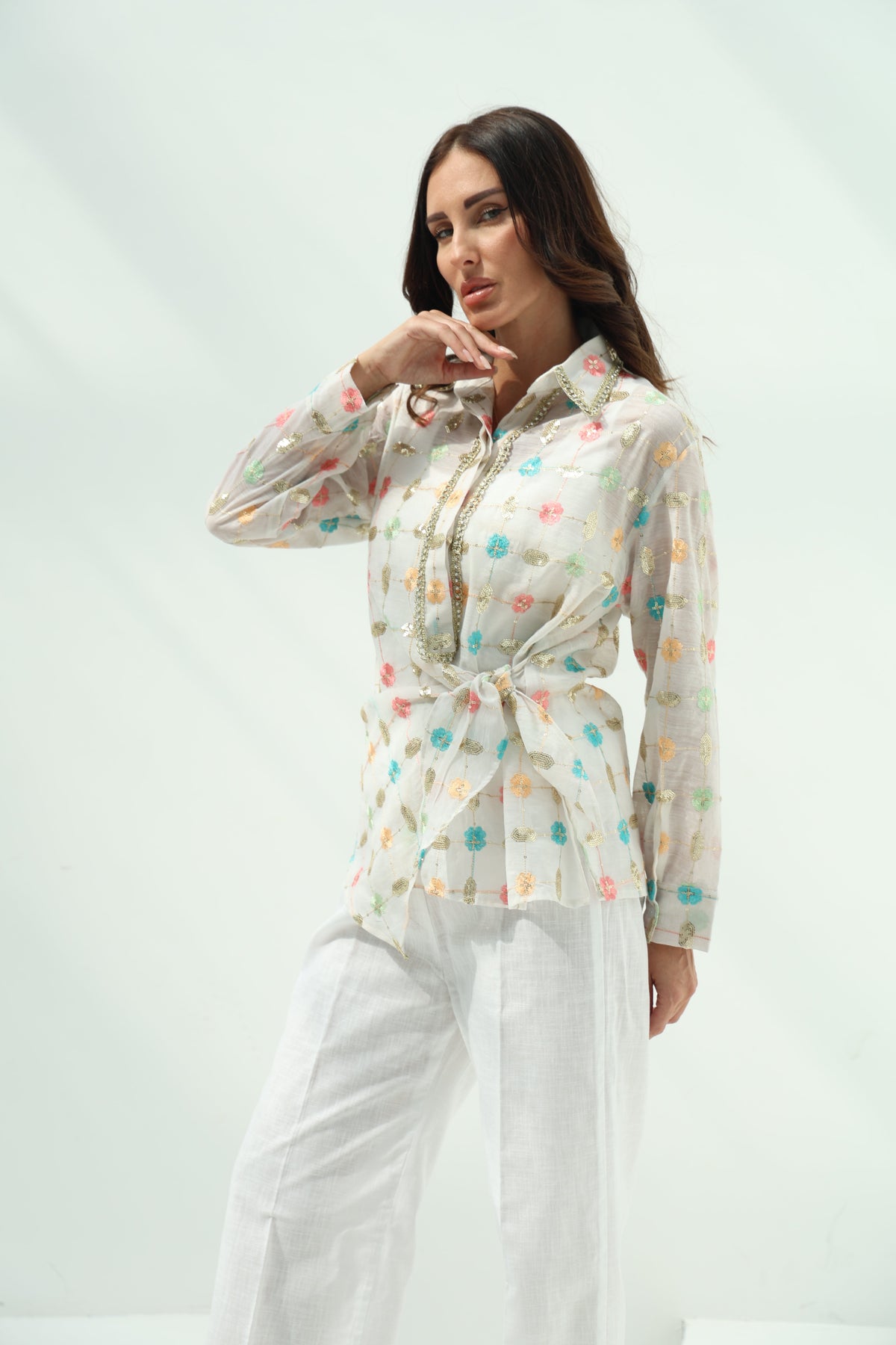 Off-White Organza Pants Set with Linen Shirt