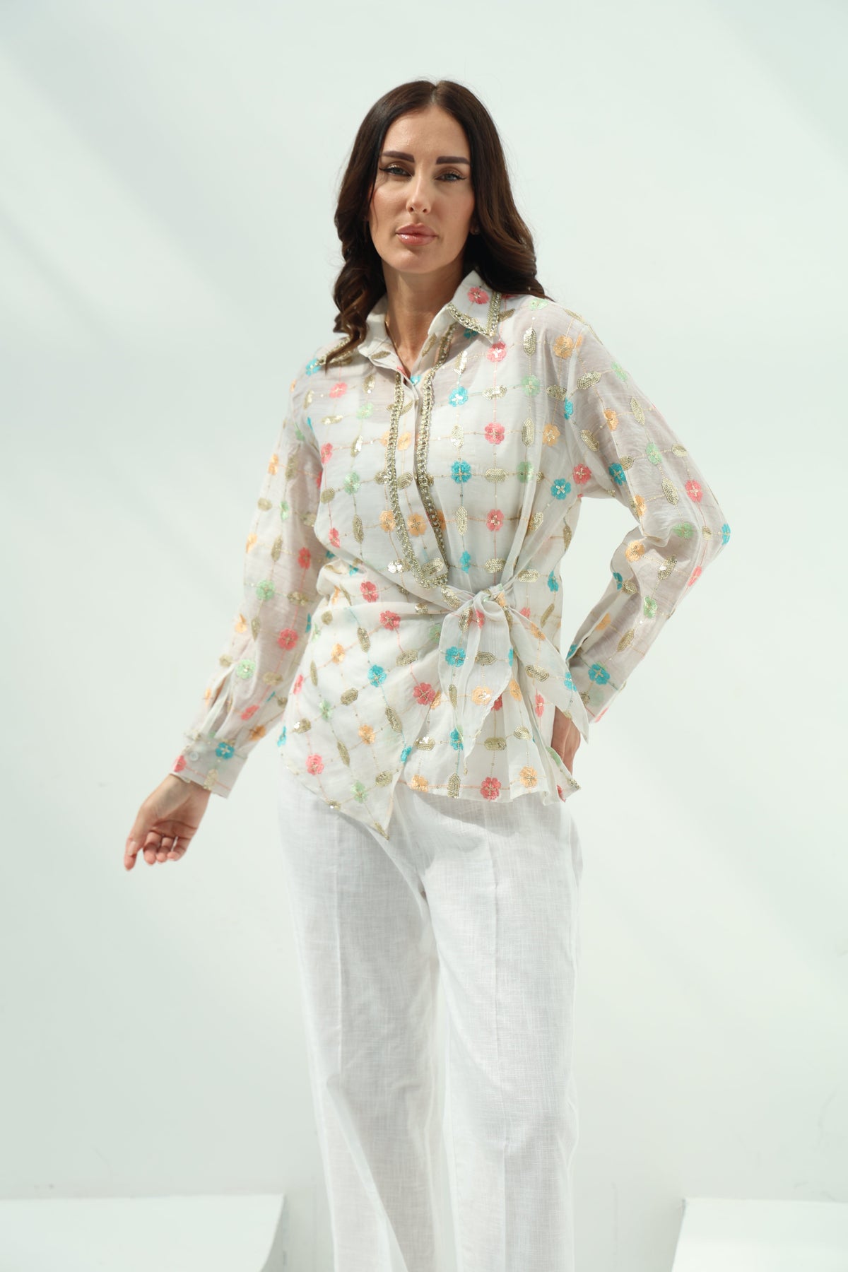 Off-White Organza Pants Set with Linen Shirt