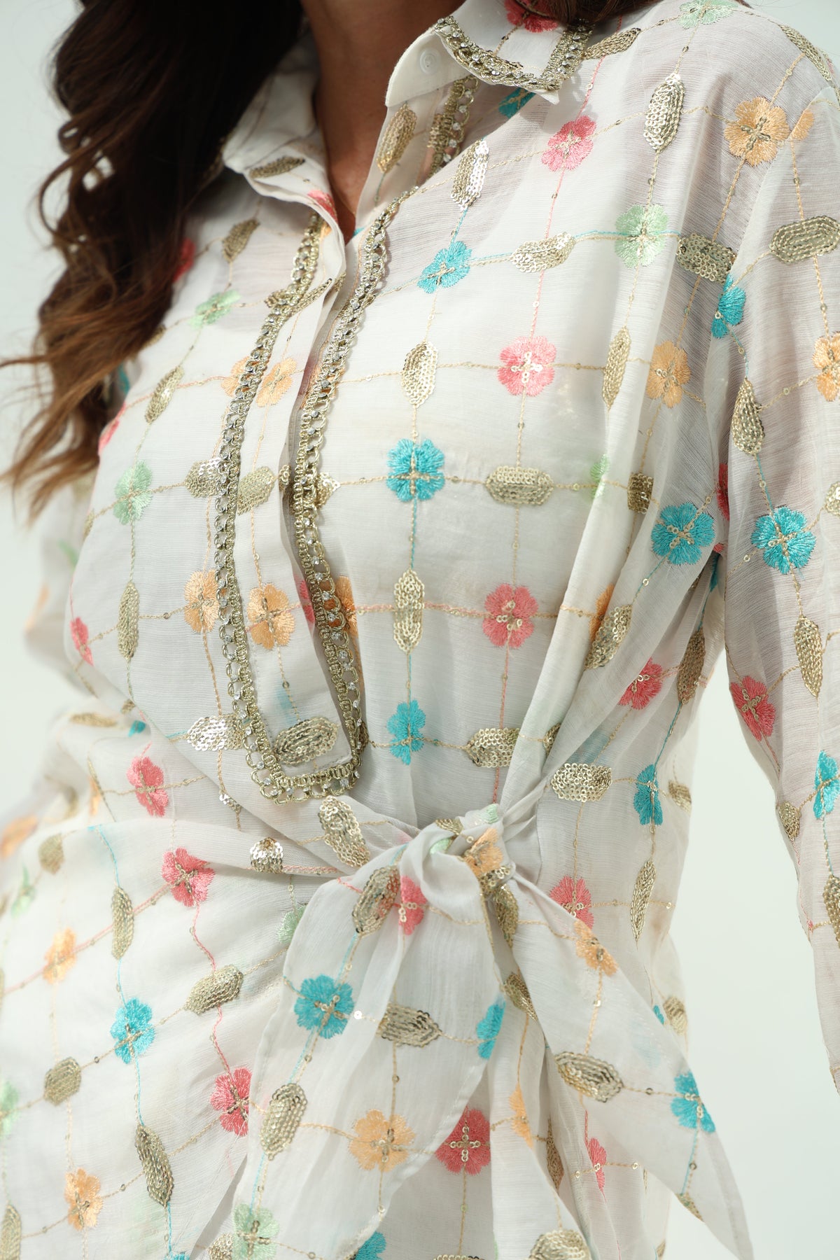 Off-White Organza Pants Set with Linen Shirt