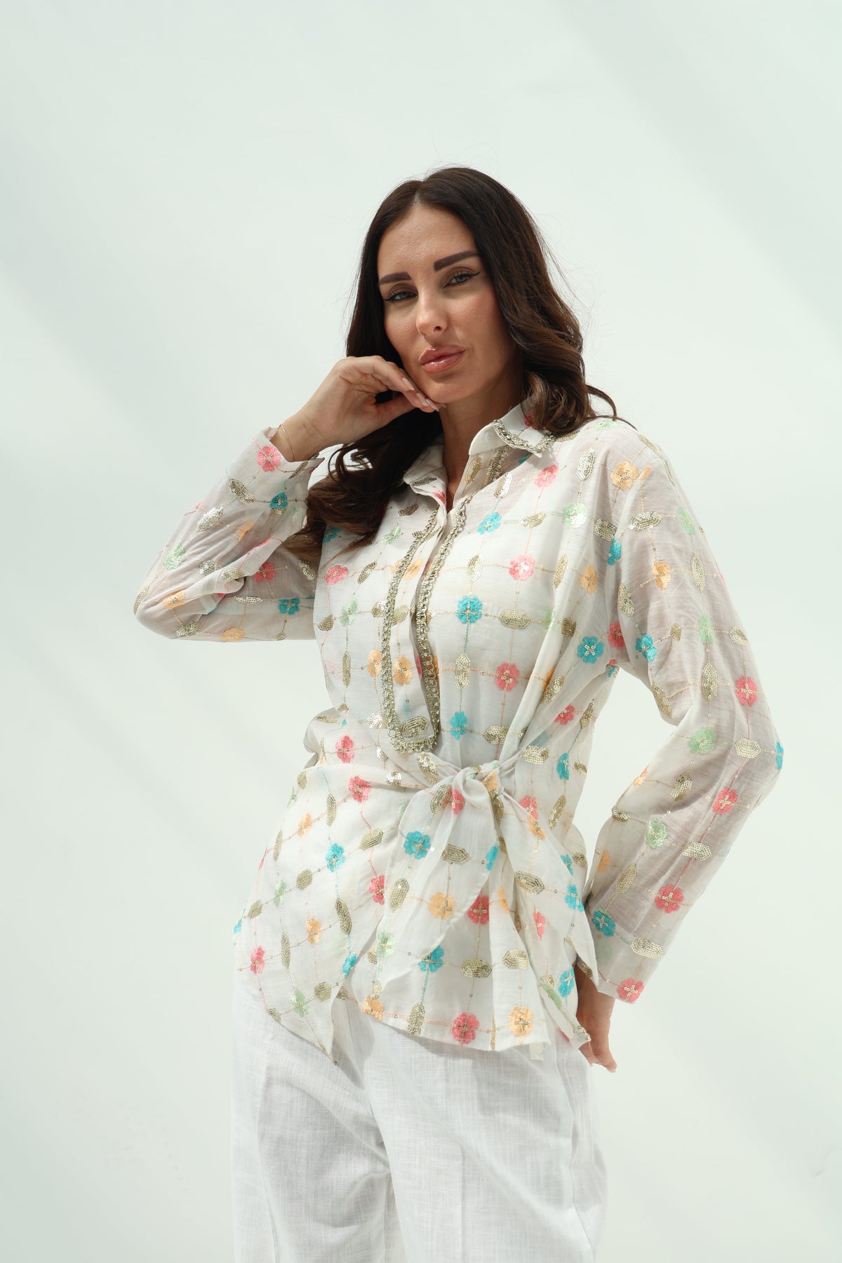 Off-White Organza Pants Set with Linen Shirt