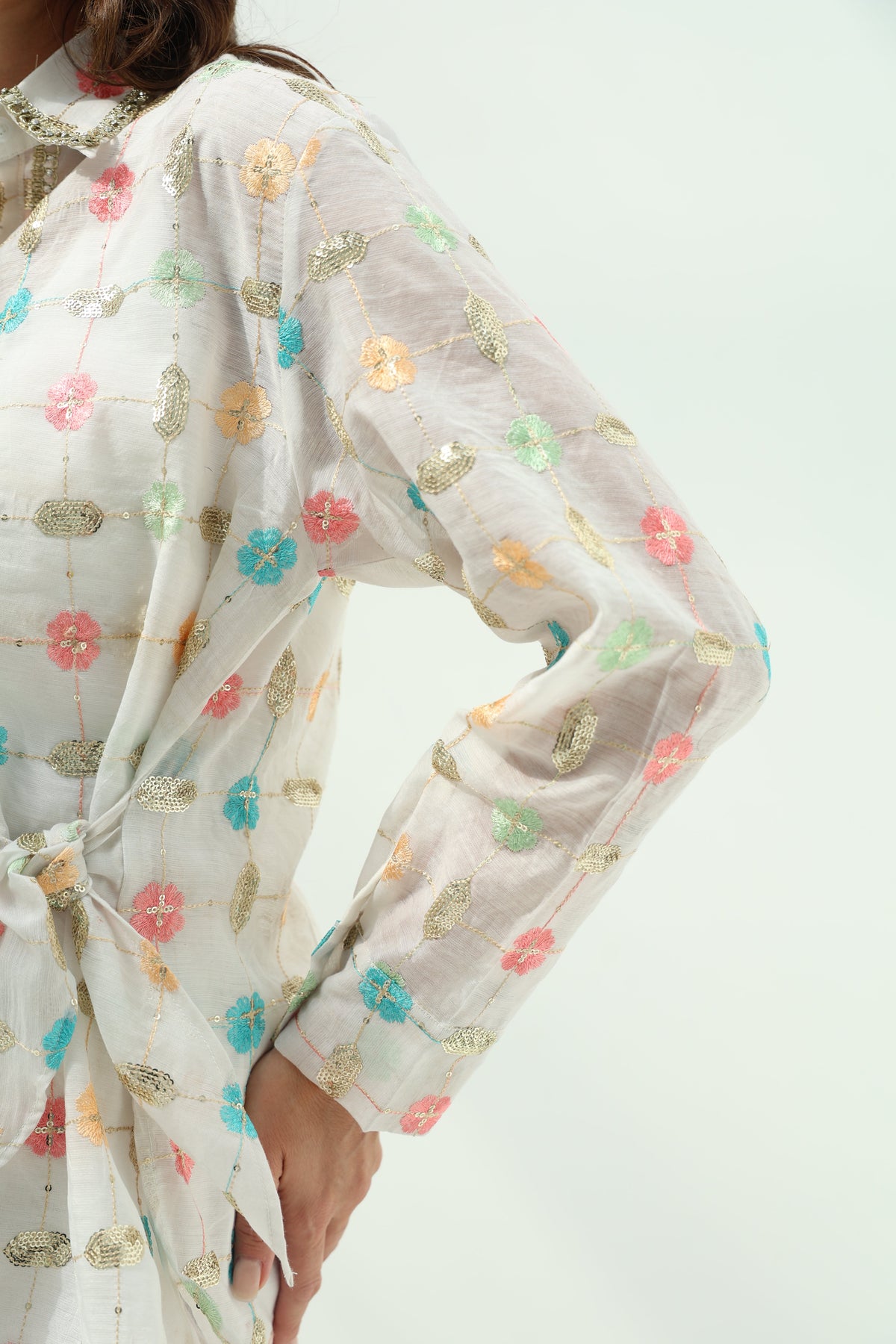 Off-White Organza Pants Set with Linen Shirt