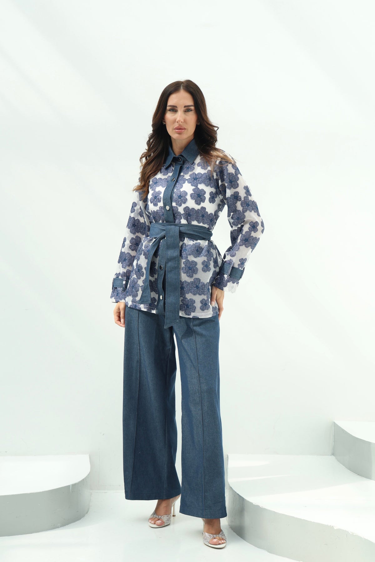 Elegant White Net Shirt &amp; Cotton Pants Set