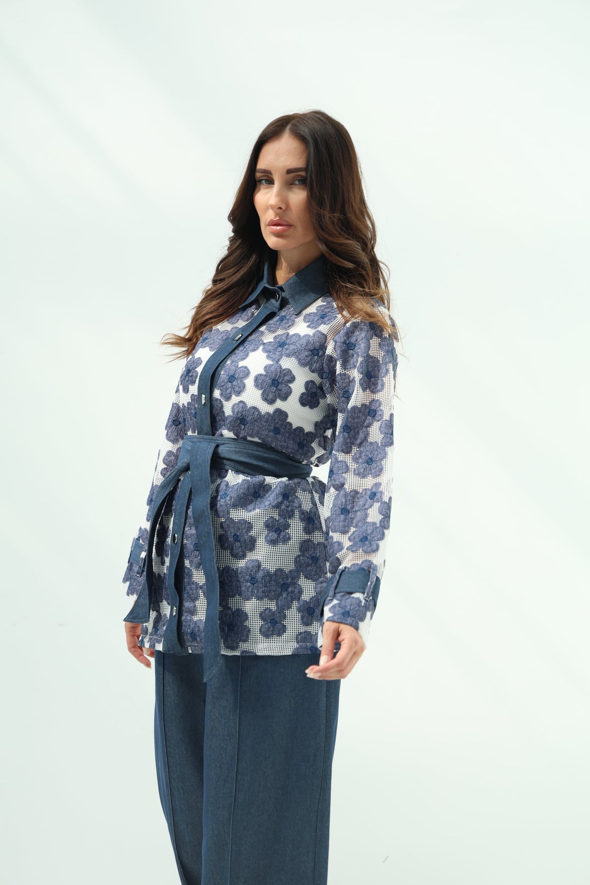 Elegant White Net Shirt &amp; Cotton Pants Set