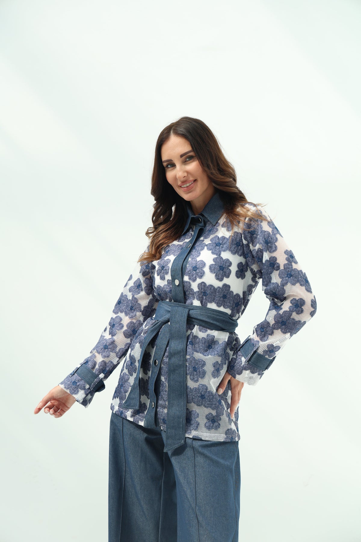 Elegant White Net Shirt &amp; Cotton Pants Set