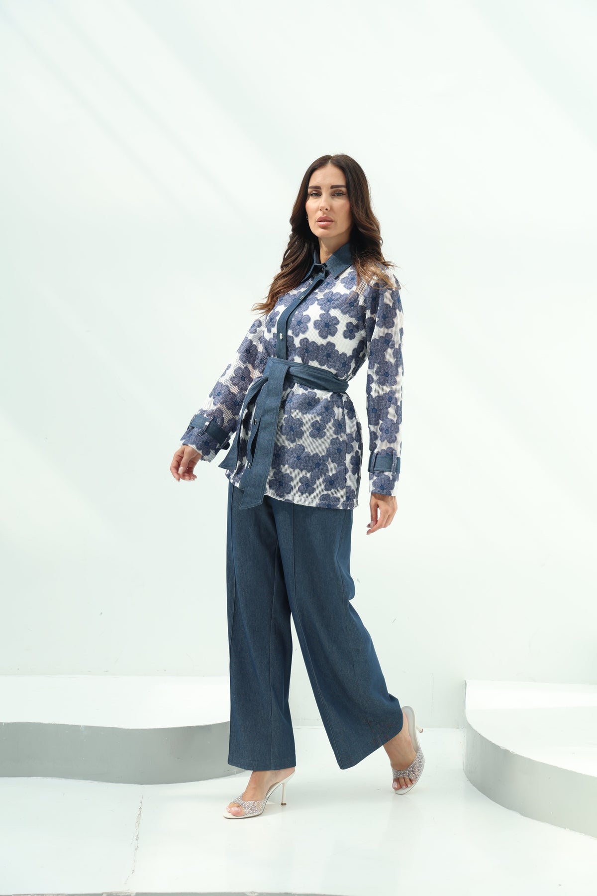 Elegant White Net Shirt &amp; Cotton Pants Set