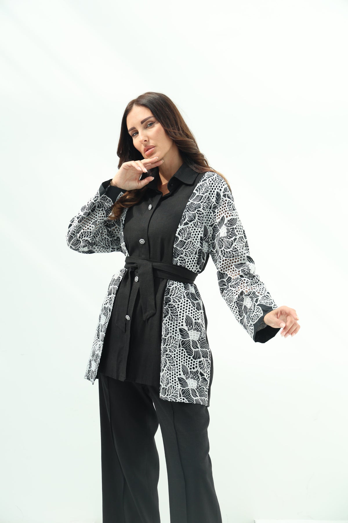 Linen black set – embroidered shirt design