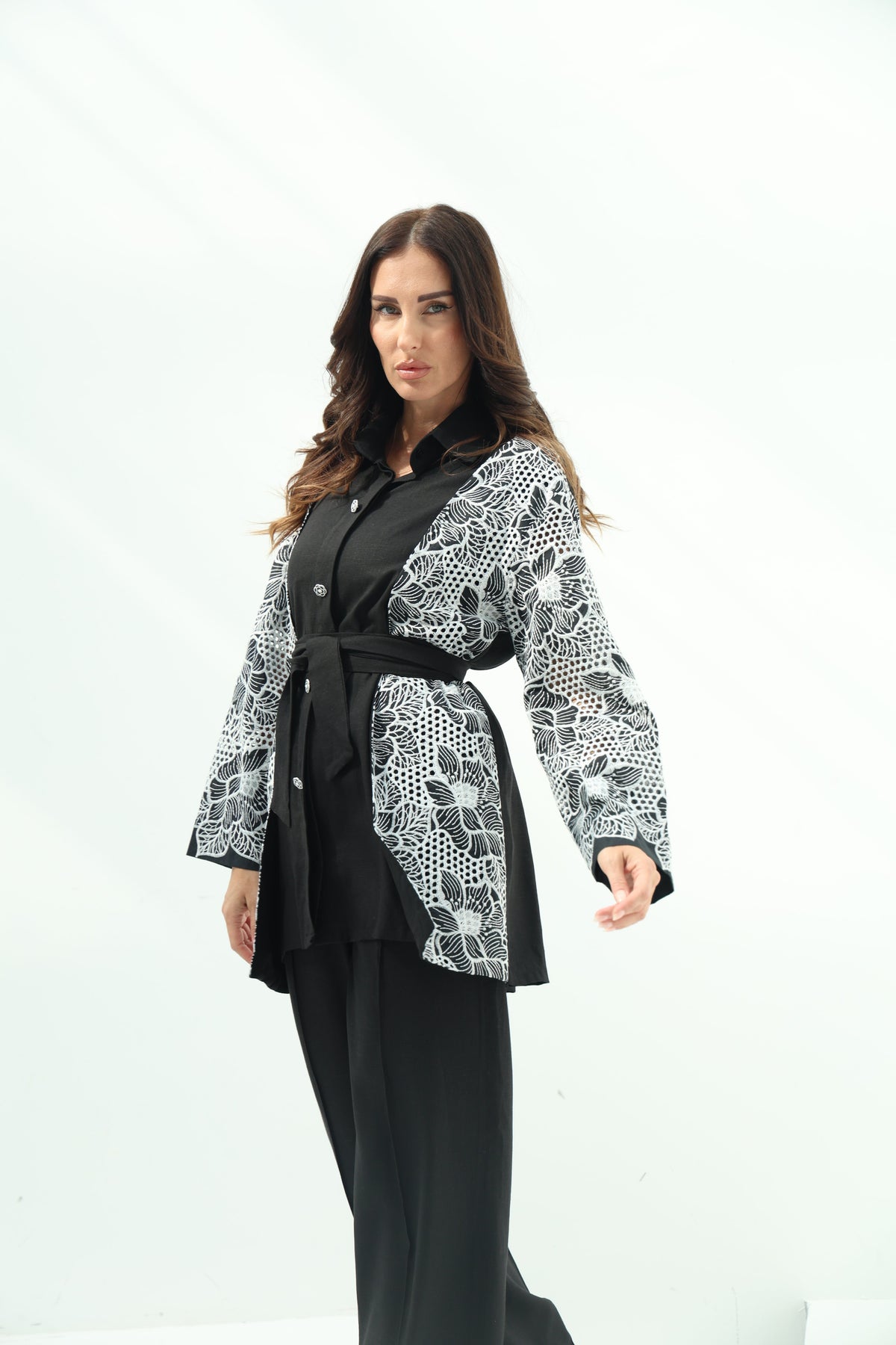 Linen black set – embroidered shirt design