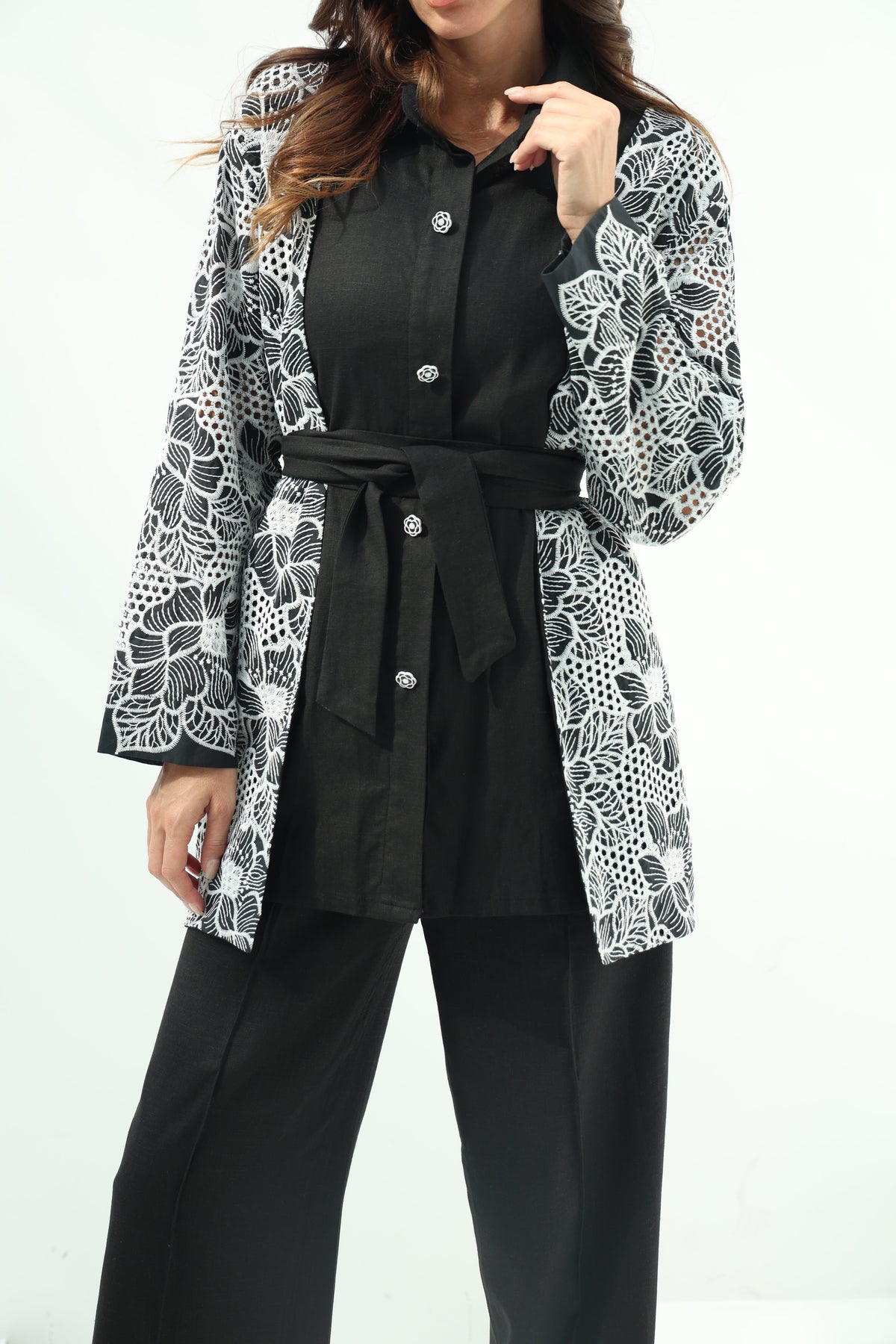 Linen black set – embroidered shirt design