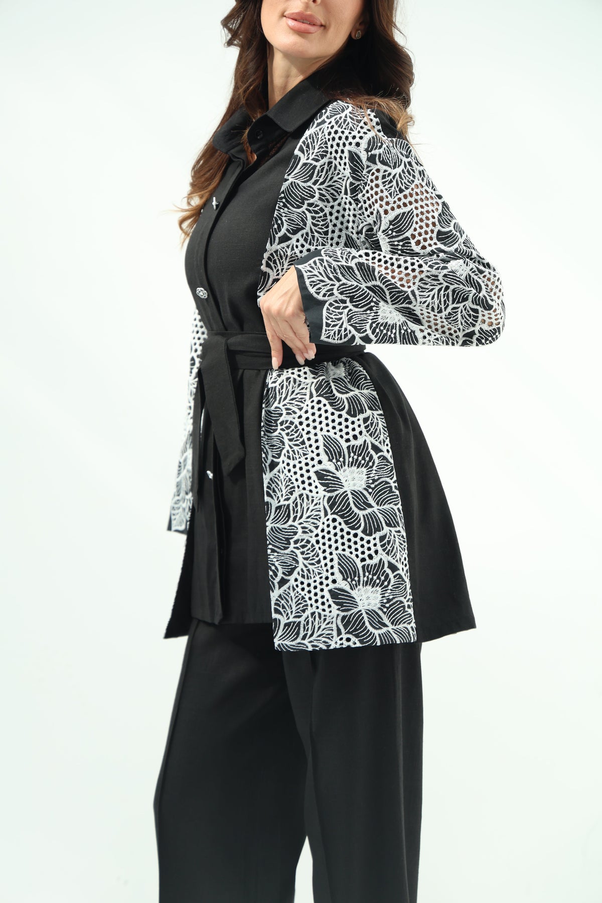 Linen black set – embroidered shirt design