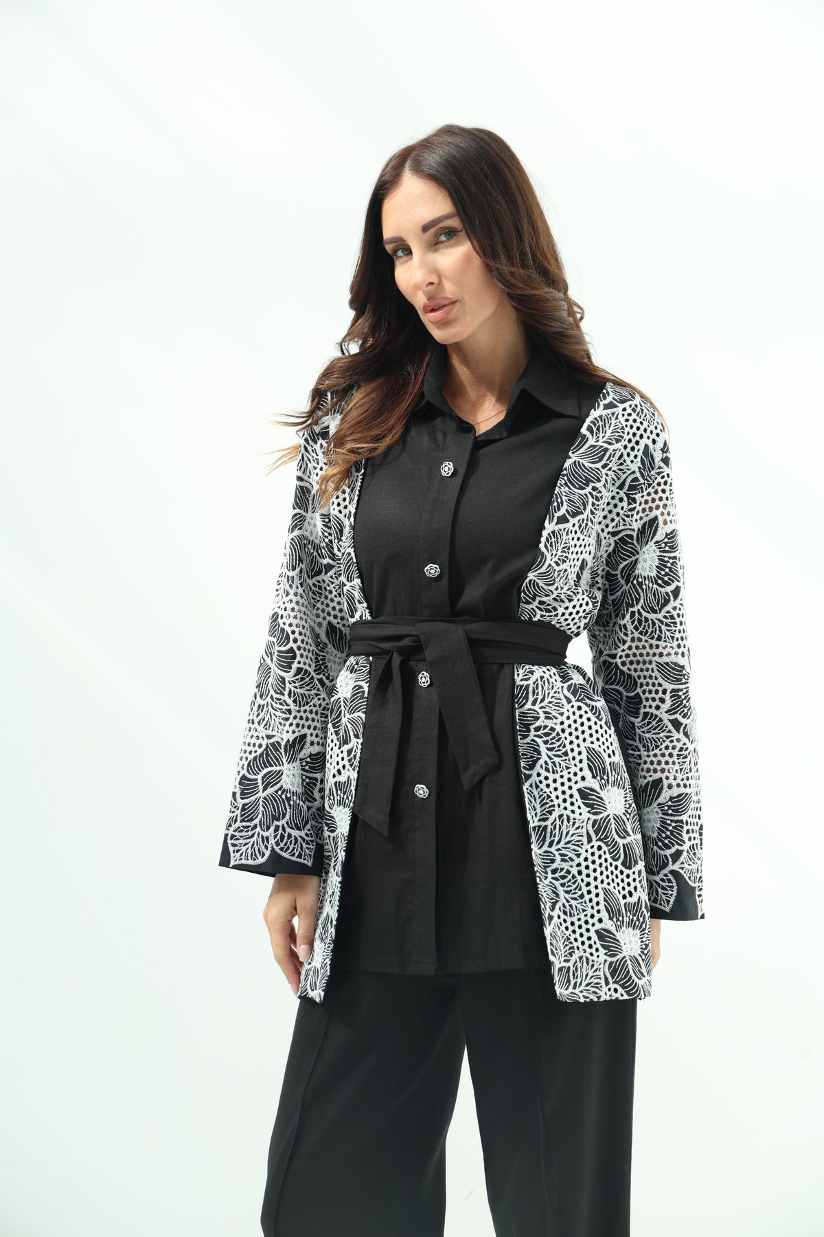 Linen black set – embroidered shirt design