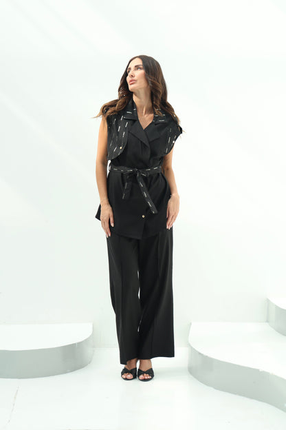 Black Belted Linen Casual Wear
