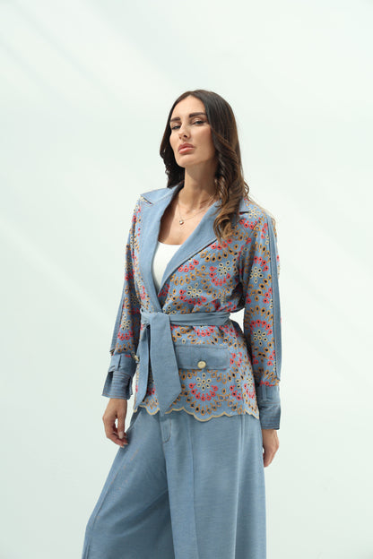 Light Blue Belted Light Denim Casual Wear