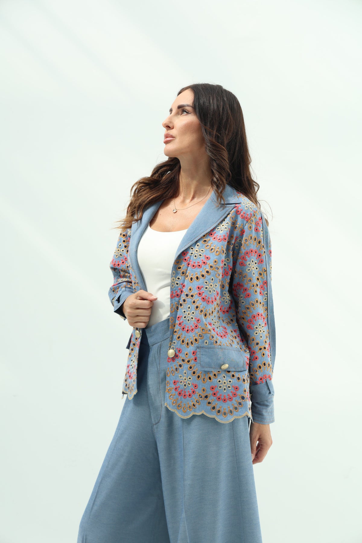 Blue set – light design jeans embroidered blazer