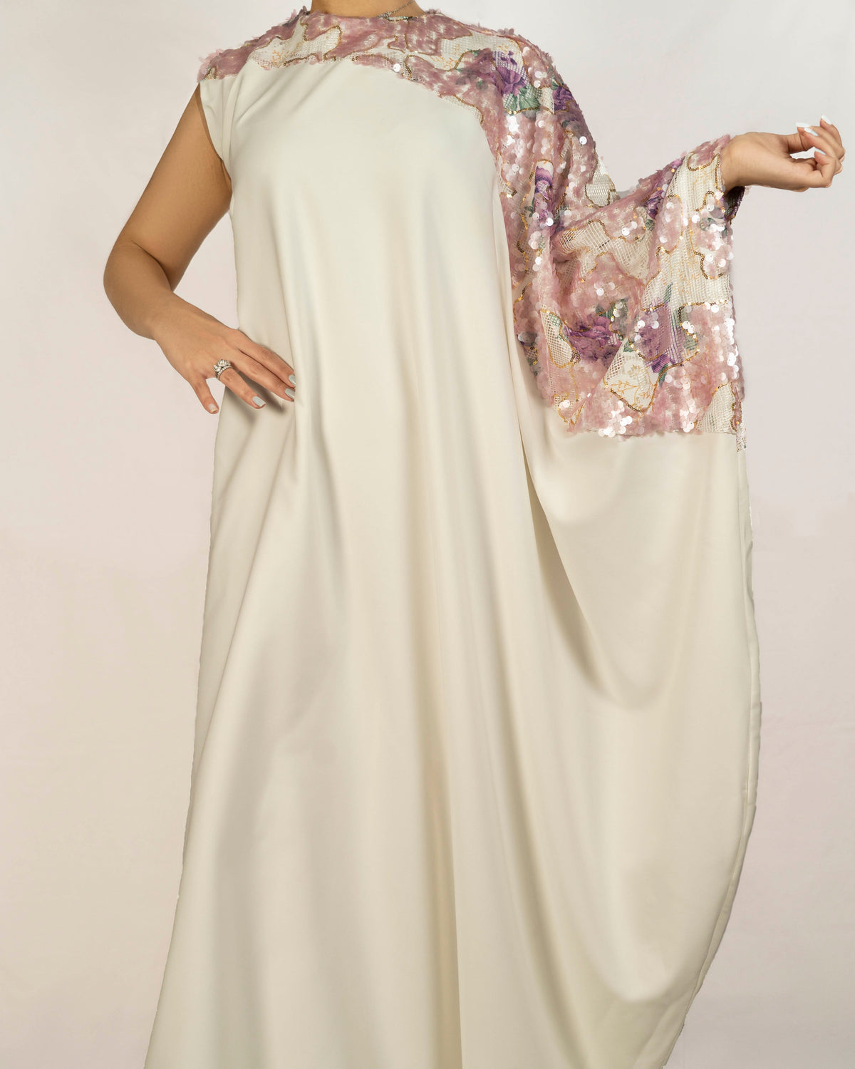 Off White Crepe Caftan Dress With An Embroidered Sequence Sleeve