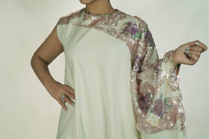 Off-white crepe caftan Dress with an embroidered sequence sleeve